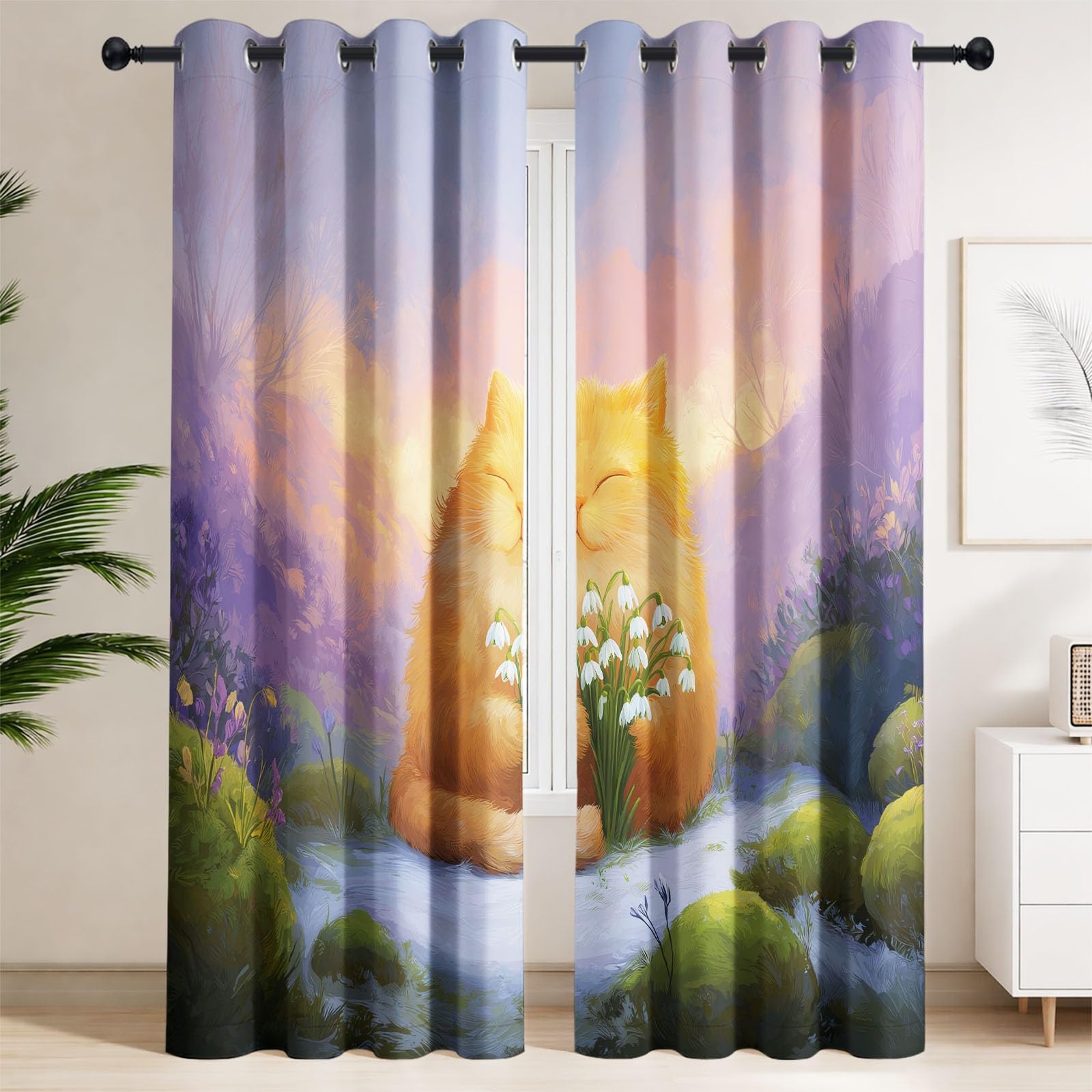 Tenda oscurante animale floreale, 110 x 215 cm, fiore gatto tende e drappeggi per bambini e ragazze, camera da letto, soggiorno, tende termiche isolanti