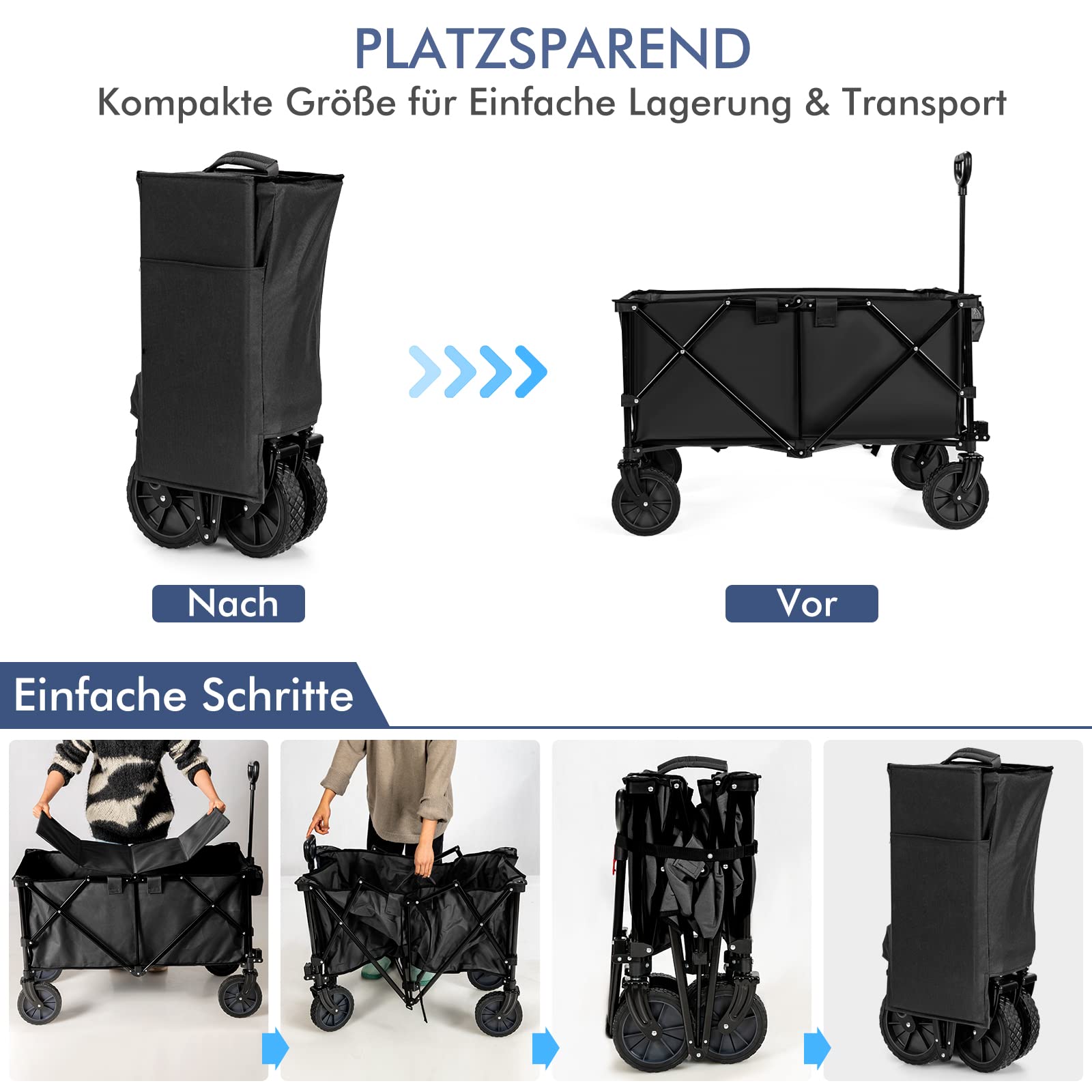 COSTWAY Wózek składany, obciążenie do 80 kg, wózek ręczny z regulowanym uchwytem i 2 uchwytami na napoje, wózek transportowy na kemping i zakupy, wózek ogrodowy, wózek plażowy, czarny