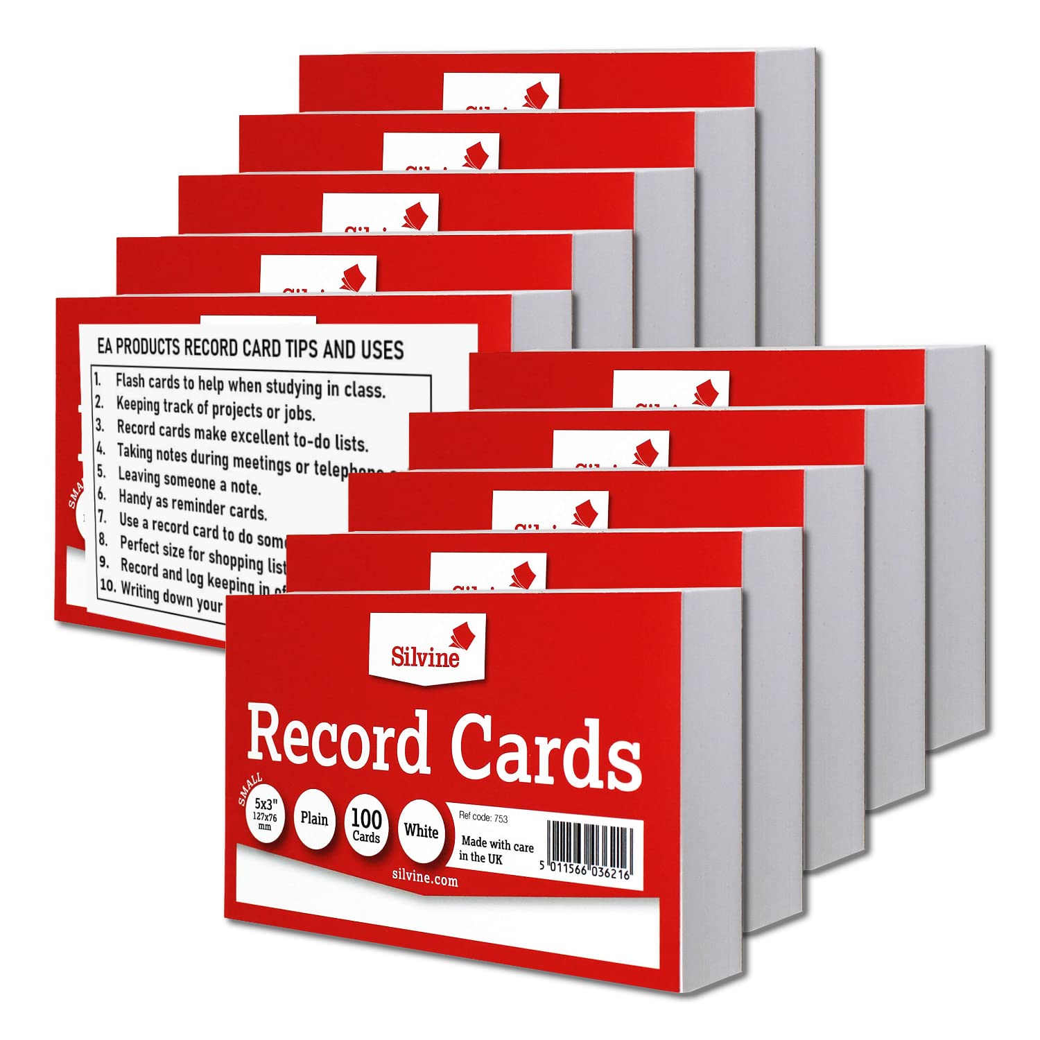 Silvine Record Card Bulk Pack of 1000 | 10 x 100 5x3” White Plain Record Cards – Size Small 127 x 76mm with Tips and Ideas