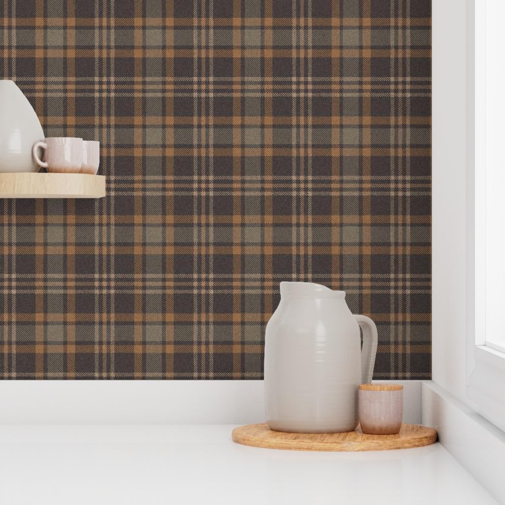 Peel & Stick Wallpaper 3ft x 2ft - Brown Plaid Rustic Check Dark Academia Autumn Fall Tartan Traditional Classic Custom Removable Wallpaper by Spoonflower