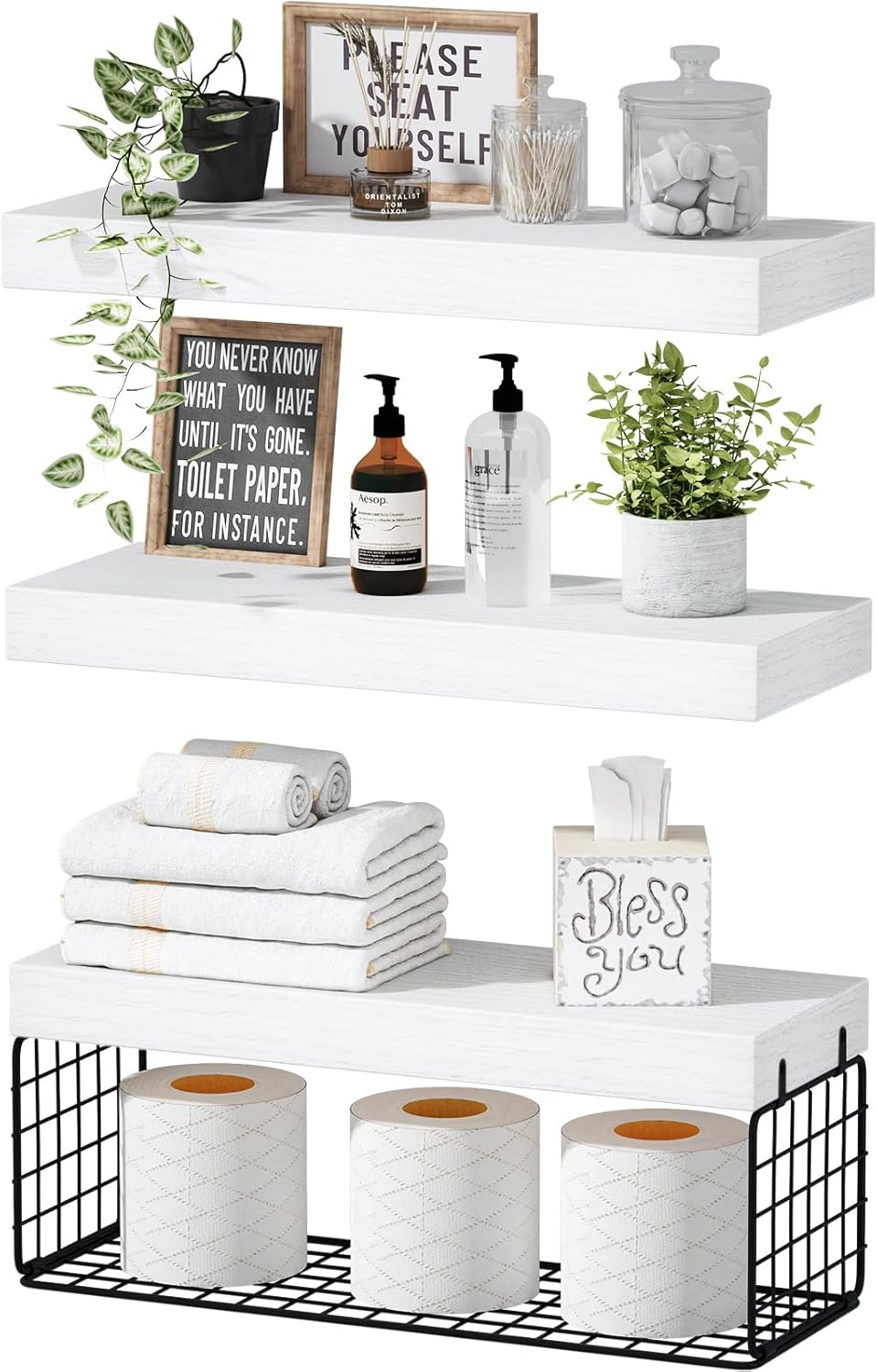 QEEIG Bathroom Shelves Over Toilet - Wall Mounted Floating Shelves Toilet Paper Storage Small Farmhouse Decor Shelf 16 inch Set of 3, White and Black (019-WB3) 3pcs F. White & Black