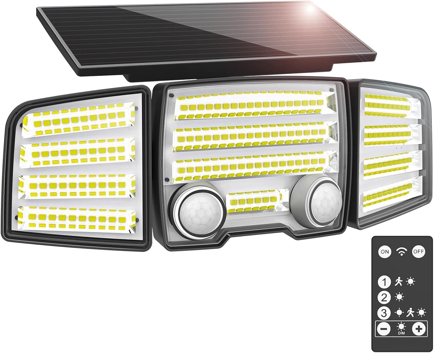 Solar Outdoor Lights, 4000LM Motion Sensor Outdoor Lights with Remote, IP65 Waterproof Powered Flood Lights, 3 Head Security Lights with 2 Sensitive PIR Motion Inductor for Outside Yard Patio