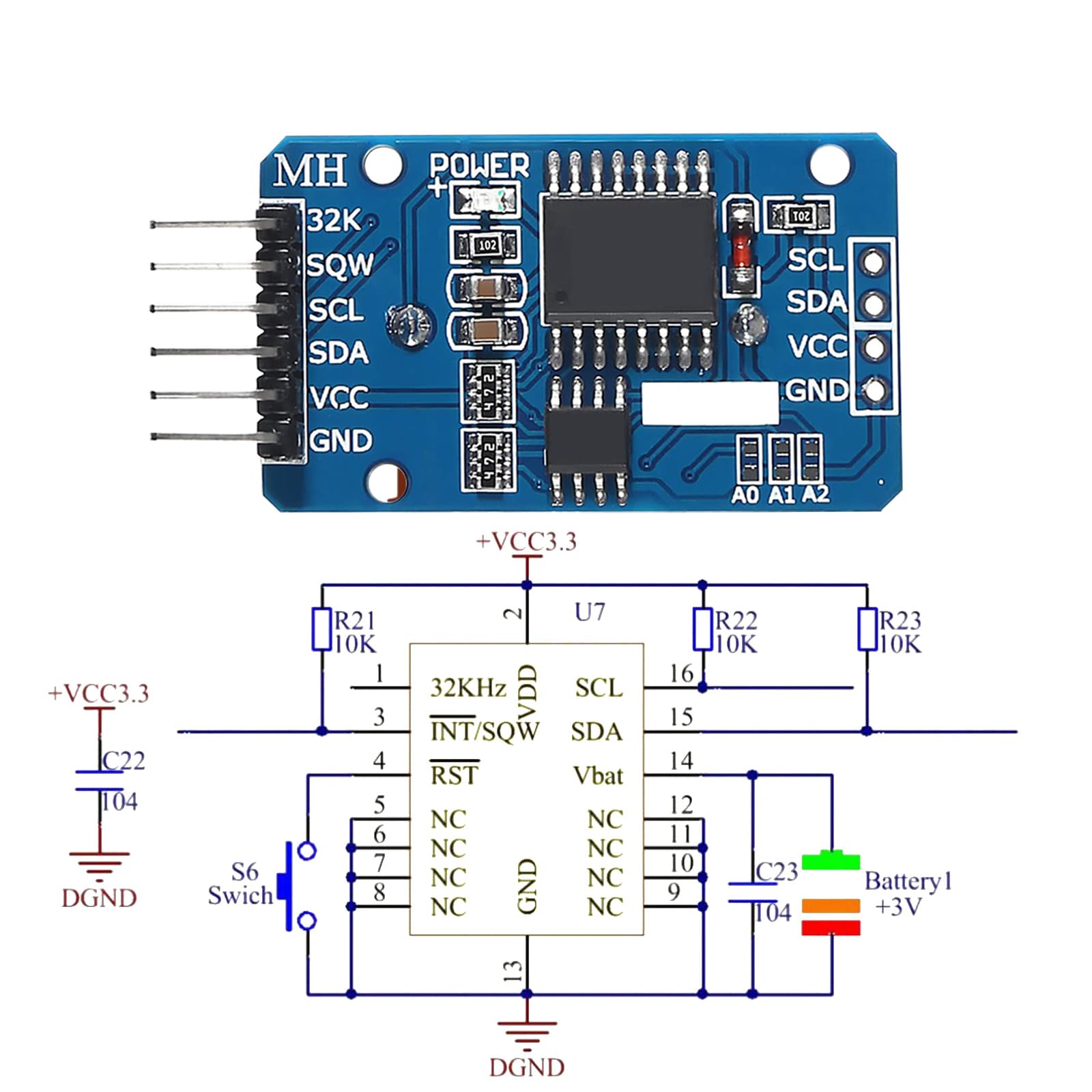 RTC IIC Modulo Precision Clock,QIQIAZI Tempo Reale Modulo Orologio RTC Sensore con Batteria compatibile con Arduino