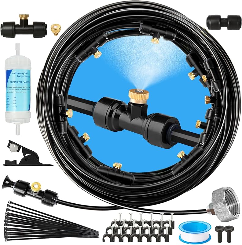 50FT Misters for Outside Patio, Garden Misting System for Cooling Outdoor | 50FT Misting Line,17 Mist Nozzles,Water Filter,Brass Adapter(3/4"), Outdoor Misters for Patio, Garden and Greenhouse