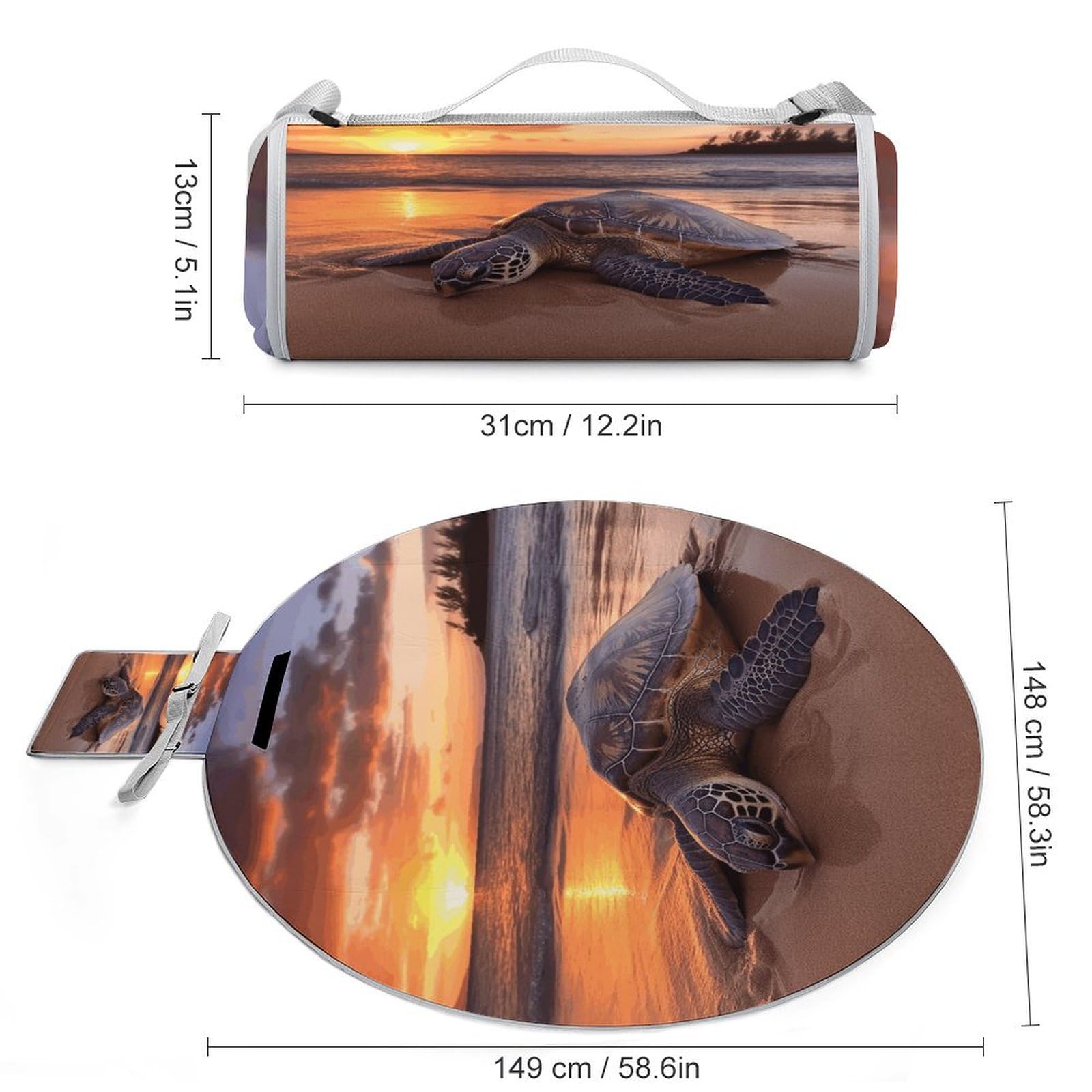 Picnic Blankets,Sea Turtle Sunset Print Picnic Mat,Portable Picnic Blanket,Foldable Compact Beach Blanket for Camping,Park,Travel