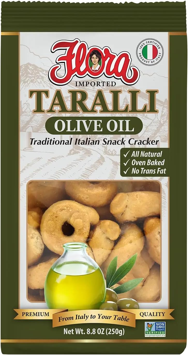 Taralli by Flora 7.05 oz - Italian Snack Cracker - All Natural Oven Baked - Cholesterol Free - Savory Snack - 100% Italian (Olive Oil)