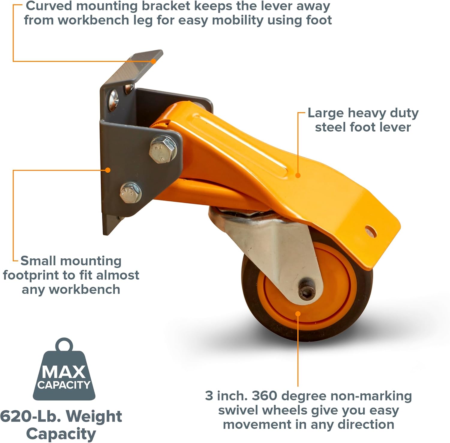 Bora Heavy Duty Workbench 4-Caster Set for Workshop Mobility, Swivel, Locking 155 Pound Non-Marking Rubber 3-inch Wheels, Total Weight Capacity of 620 pounds, Metal Foot Levers for Braking, PM-950