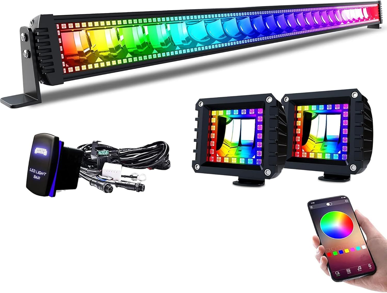 Lpteso RGBW LED Light Bar 52'' inch 300W Flood Spot Combo Beam 2PCS 4 Inch 18W Flood RGB LED Pods with 16 Solid Colors Chasing RGB Halo Ring Changing with Strobe Flashing with Rocker Switch Wiring