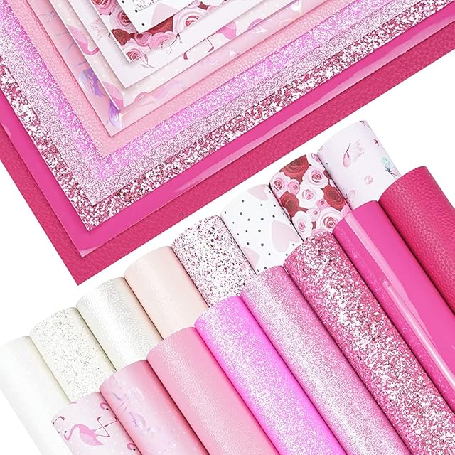 16 Pieces 8x6 Inch New Contrast Colors White Pink Rose Red Series Faux Leather Fabric Sheets Include Litchi Fine Chunky Glitter Patent Butterfly Flamingo Love Heart for Leather Earring Bows Making