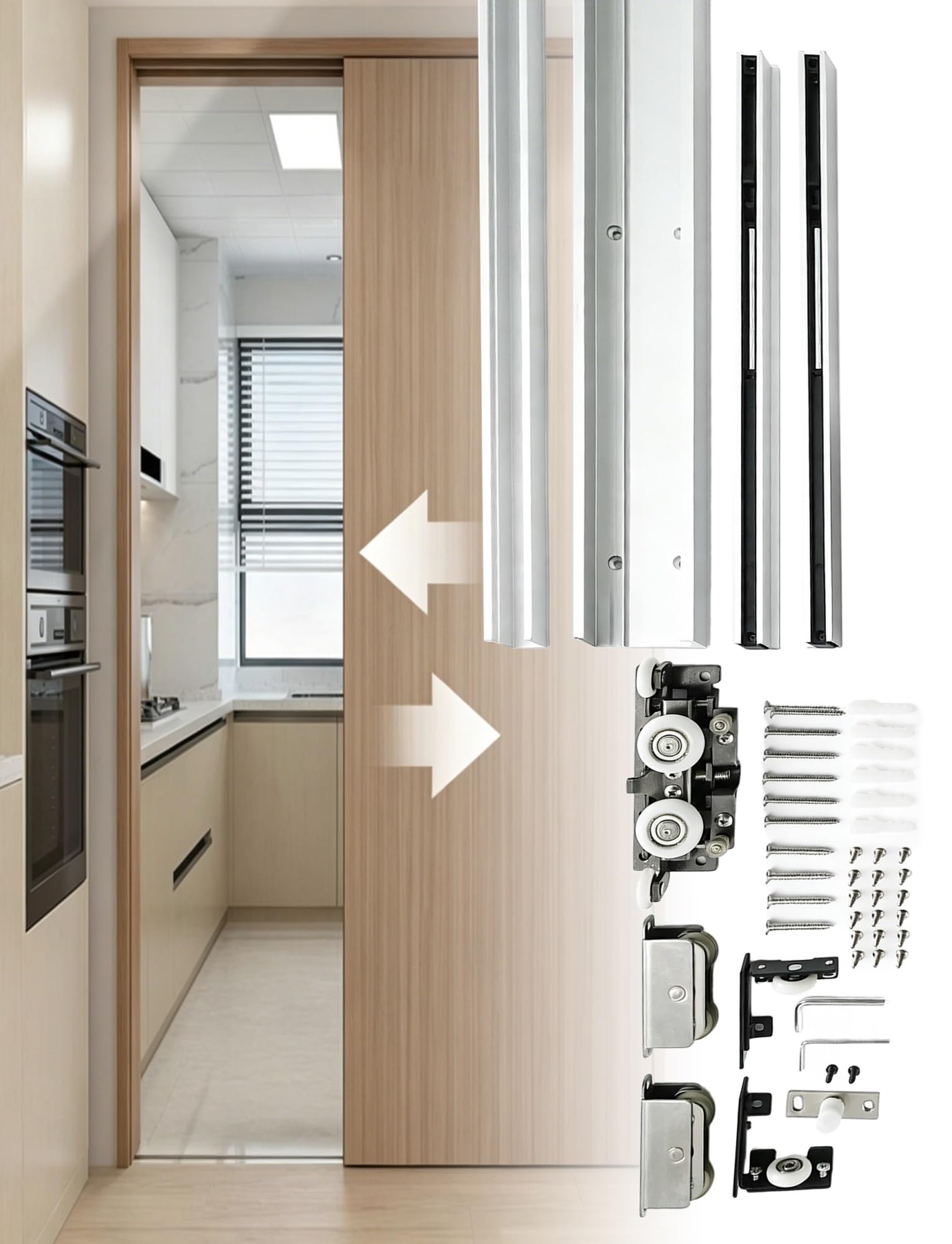 Kit porte coulissante rail d'installation encastré bois verre