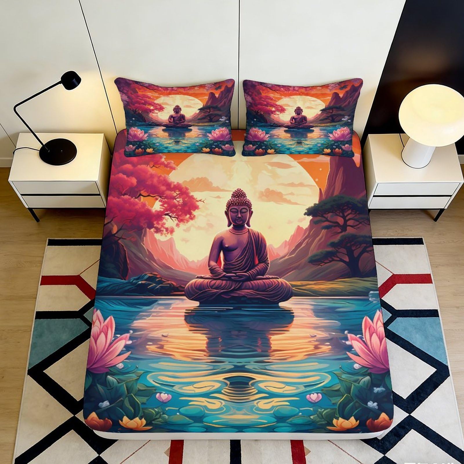 3D Printed Buddha Meditation Fitted Sheet Microfiber Soft Breathable Lotus Lake Bed Cover for Bedroom Dormitory Guest Room Mattress Protection Decor 160x200x25cm
