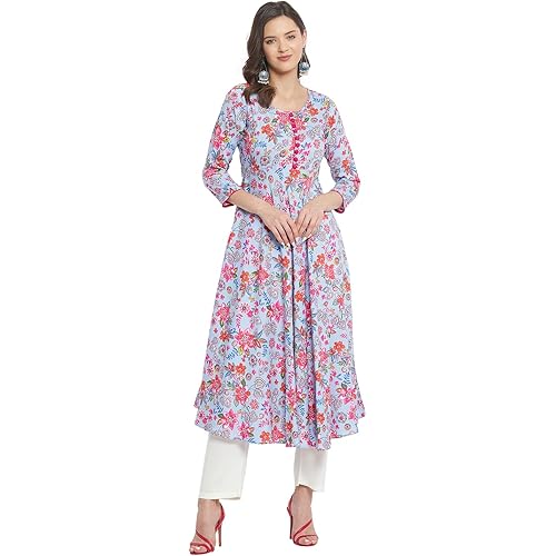 Tissu Women's Rayon Light Blue & Pink Printed A-Line Kurta