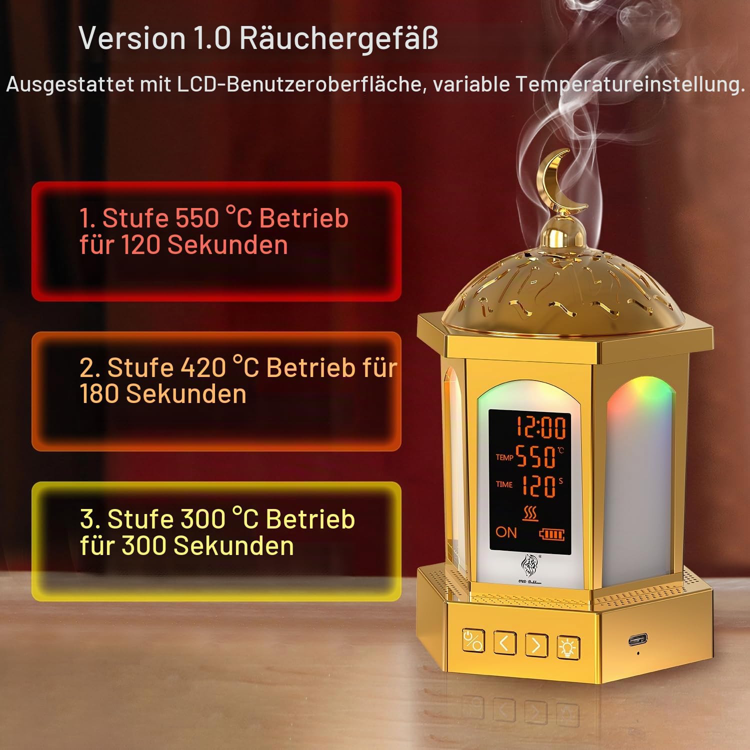 langanhaltender Bakhoor Brenner elektrischer Aroma Diffuser, USB Wiederaufladbar arabischer Räucherstövchen mit LED Display & 3 Temperatureinstellungen (500°C/120s - 300°C/300s)