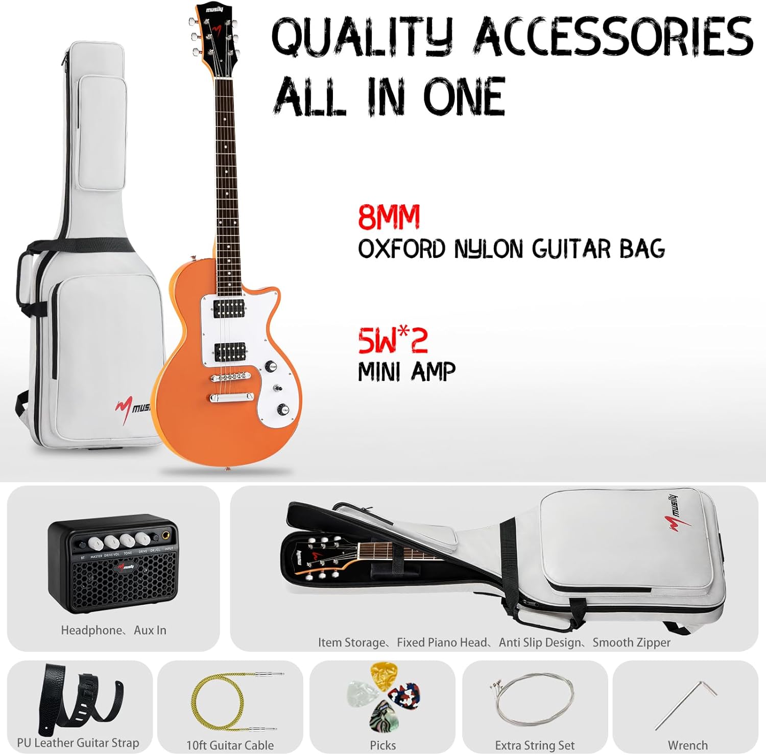39 Inch Electric Guitar Kit, Beginner Full Size Solid Body Electric Guitar With HH Pickups, Gig Bag, Amplifier, Strap, Cable, Picks, String (Orange)