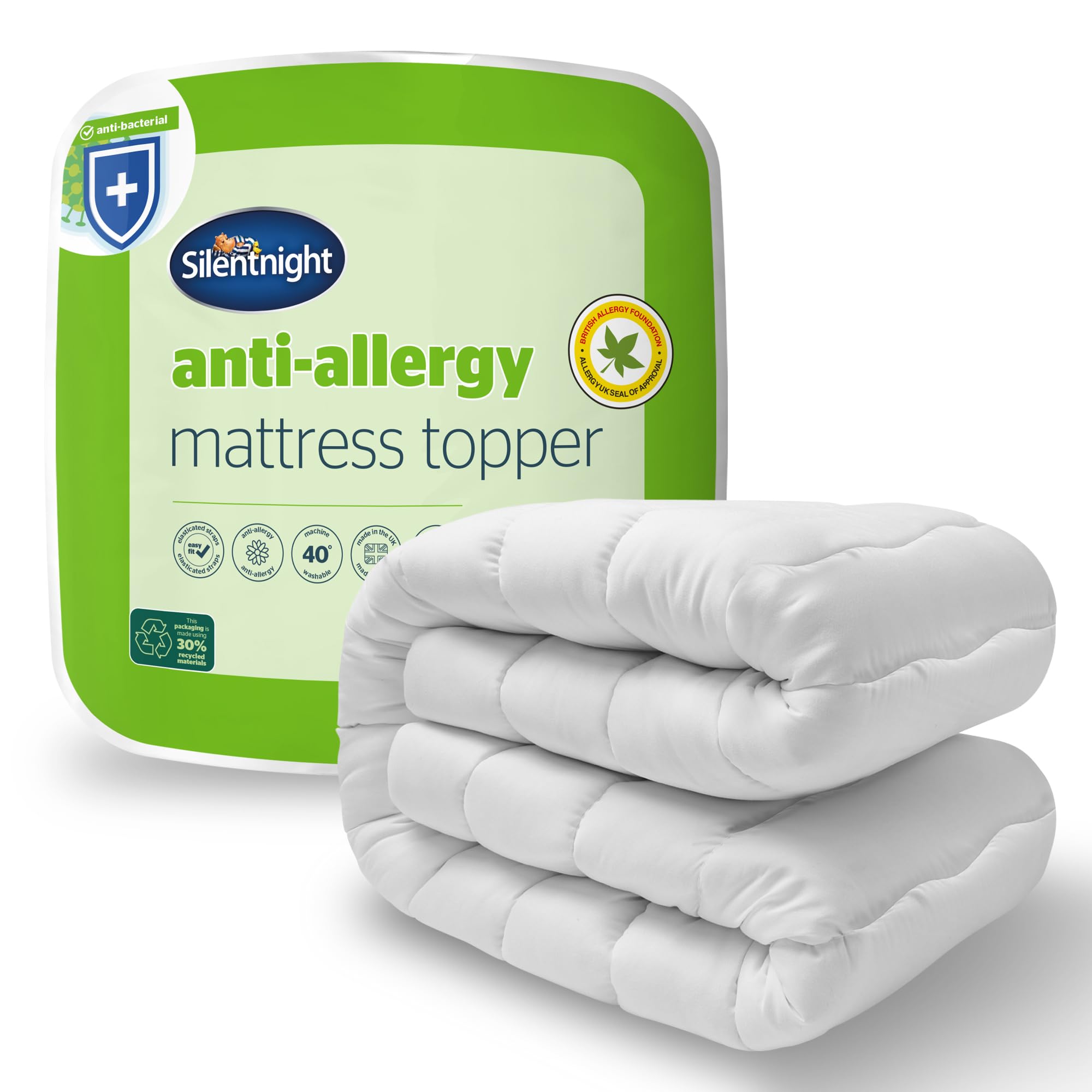 Silentnight Anti Allergy Luxury Mattress Topper - Ideal for Allergy and Asthma Sufferers Protecting Against Bacteria and Dust Mites - Quilted Wavy Stitch Cover and Fit Straps, Machine Washable, Double