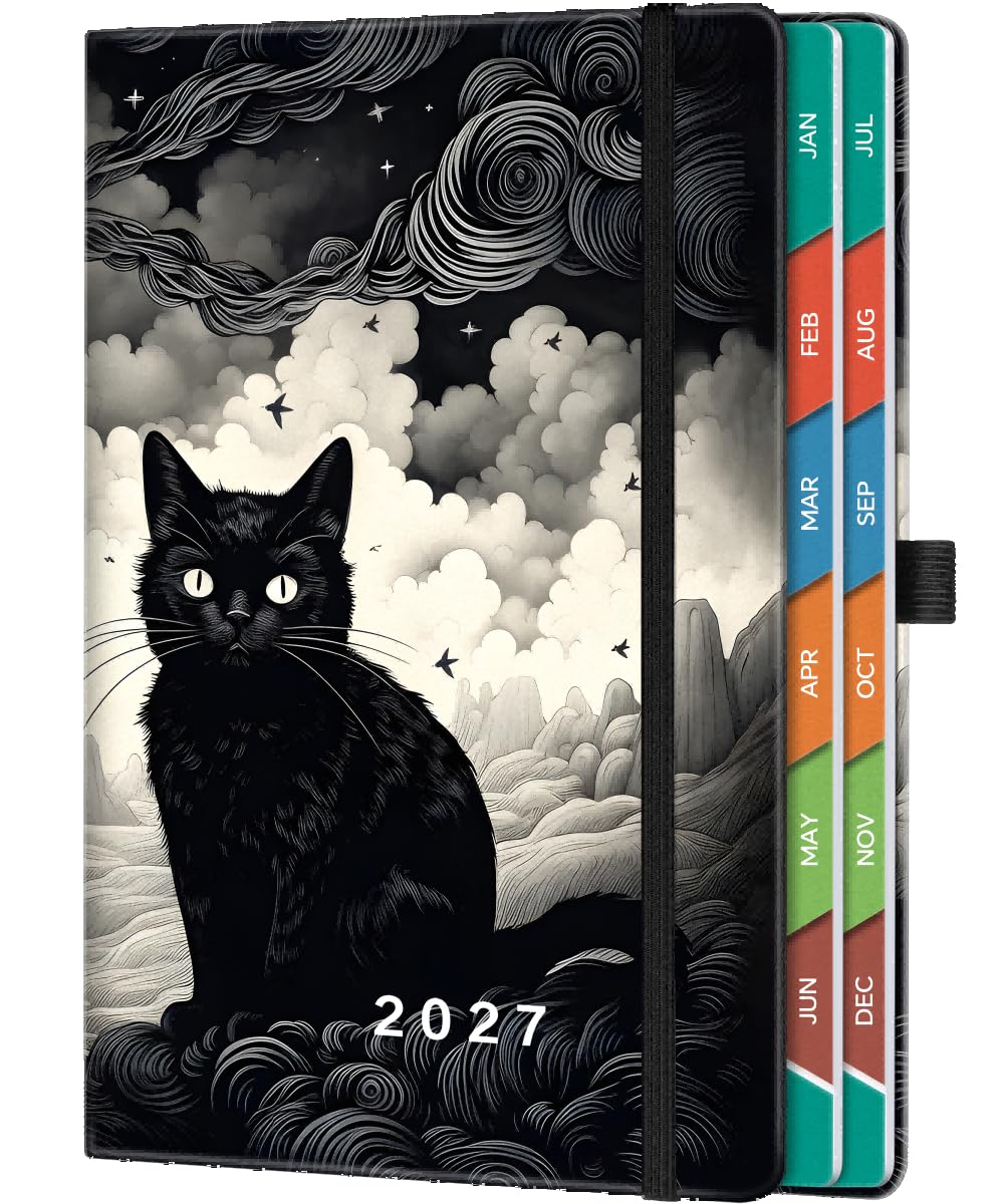 2027 Diary A4 Page-A-Day, Cat Daily Diary January–December 2027, One Page Per Day Planner, Monthly Overview, Hardcover, 100 GSM Paper, Pen Holder, 2 Ribbon Bookmarks & Pocket