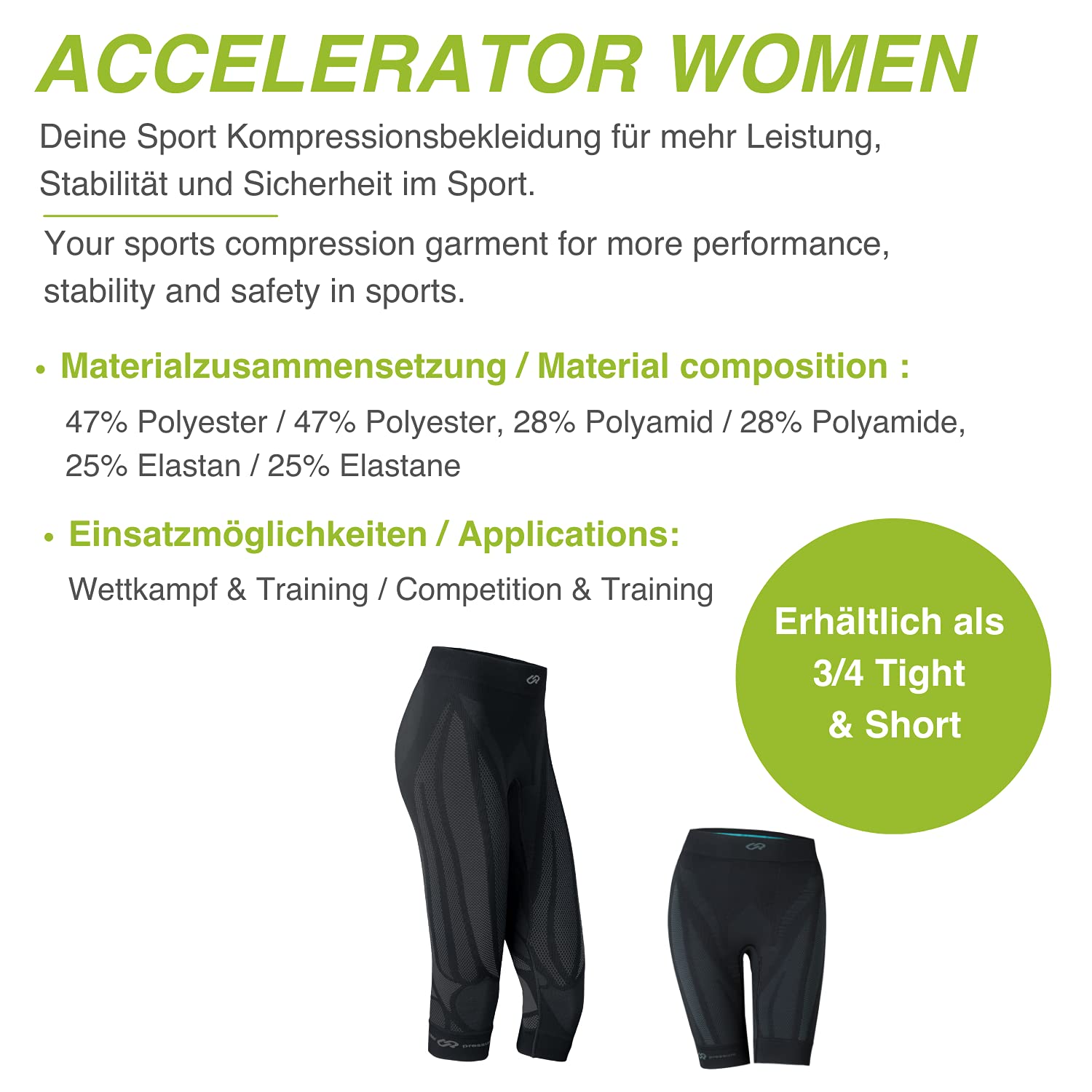 Sport Kompressionshose 3/4 Under Pressure Accelerator Woman (Starke Kompression) - Höchste Qualität, Made in Germany!