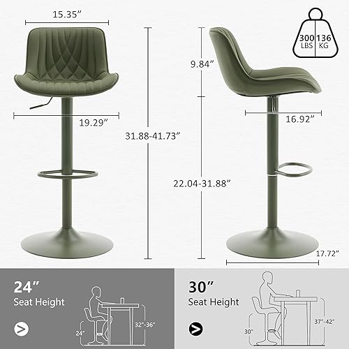 Miniatura 26 de YOUTASTE Bar Stools Set of 2, Adjustable Swivel Counter Height Barstools with Back, All Grey Faux Leather Upholstered Bar Chairs with Metal Base,