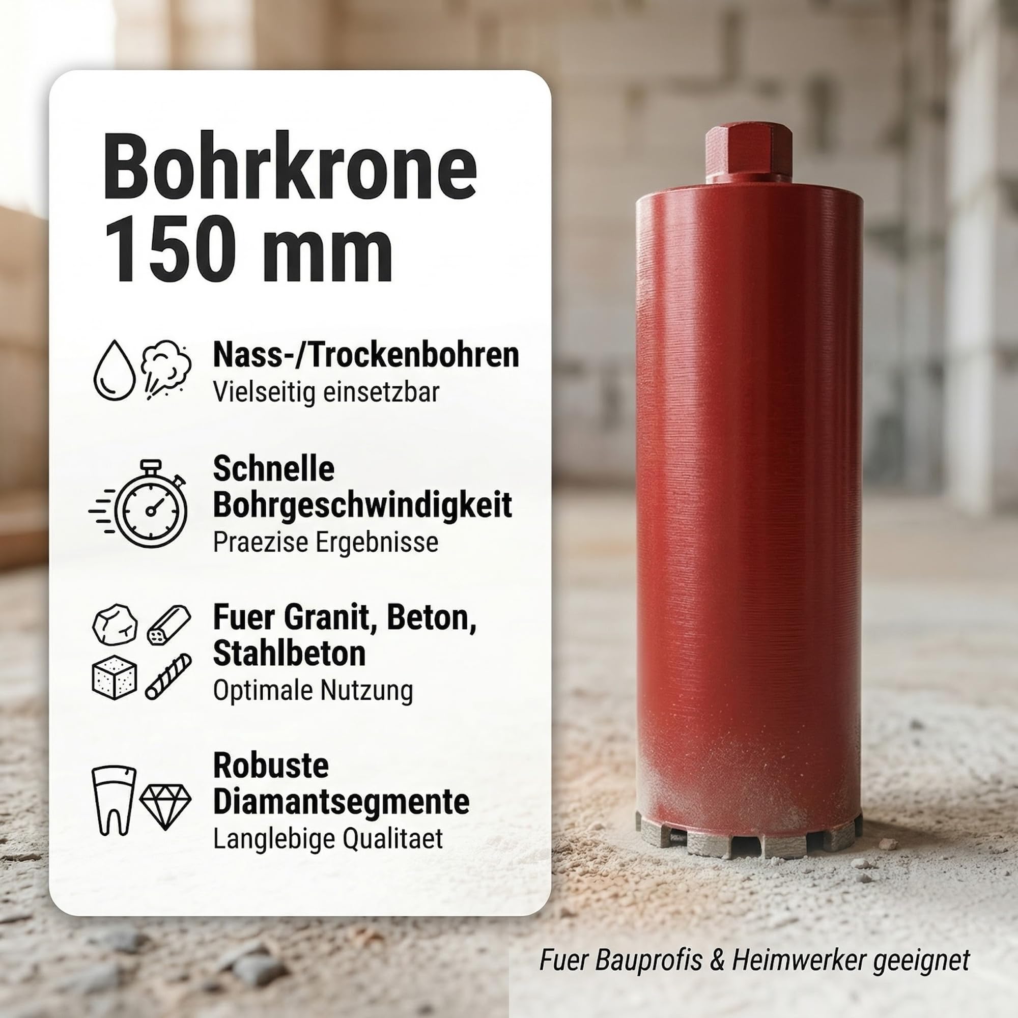 Mucola Diamantbohrkrone Kernbohrer für Beton Stahlbeton Ø 150 mm 400 mm Rot