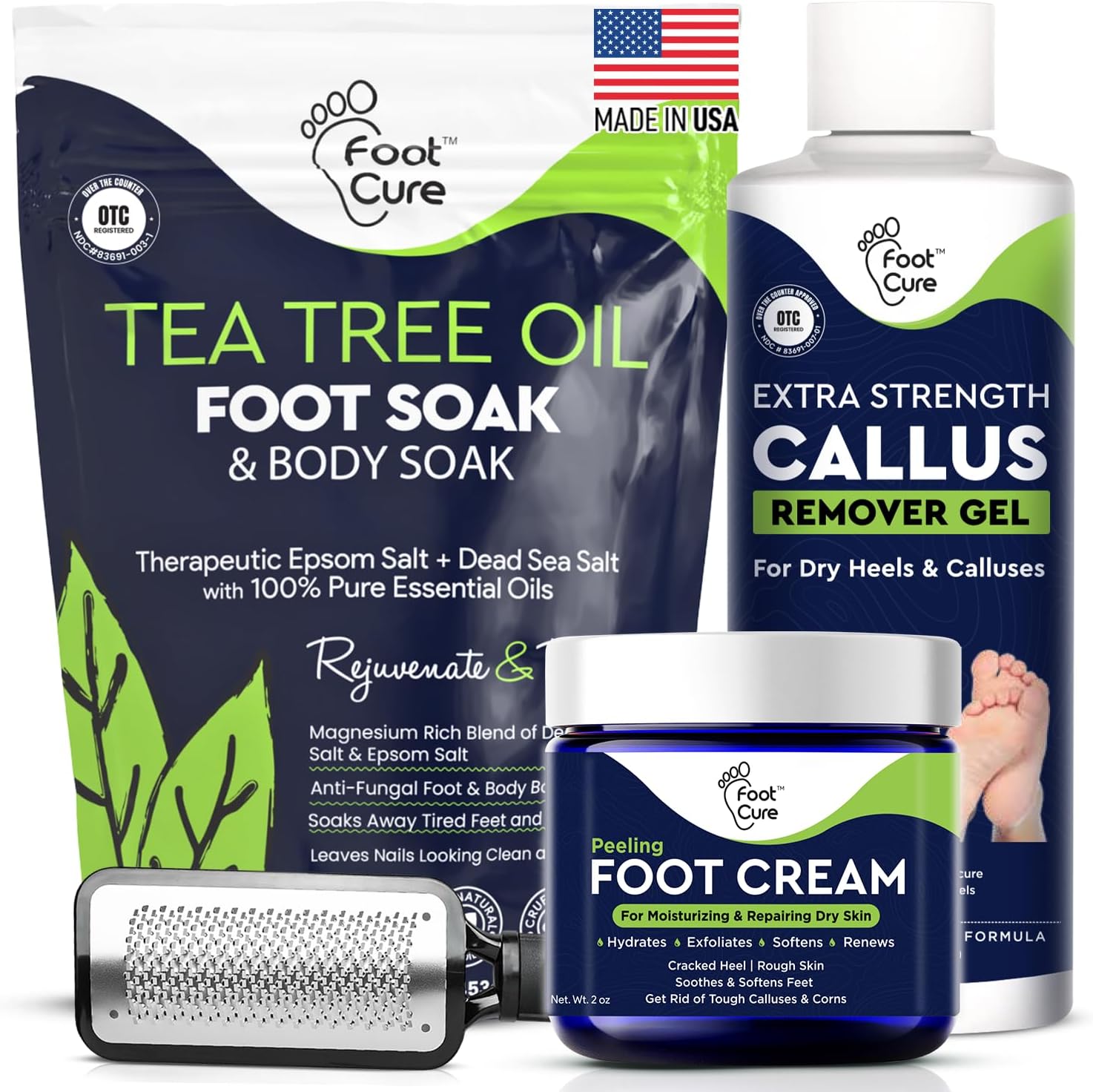 FOOT CURE Exfoliator & Callus Remover Pedicure Set – Care Kit Includes File for Dead Skin, Tea Tree Oil Soak Salts, Urea Cream 40 Percent Removal Gel Made in USA, 4 Piece