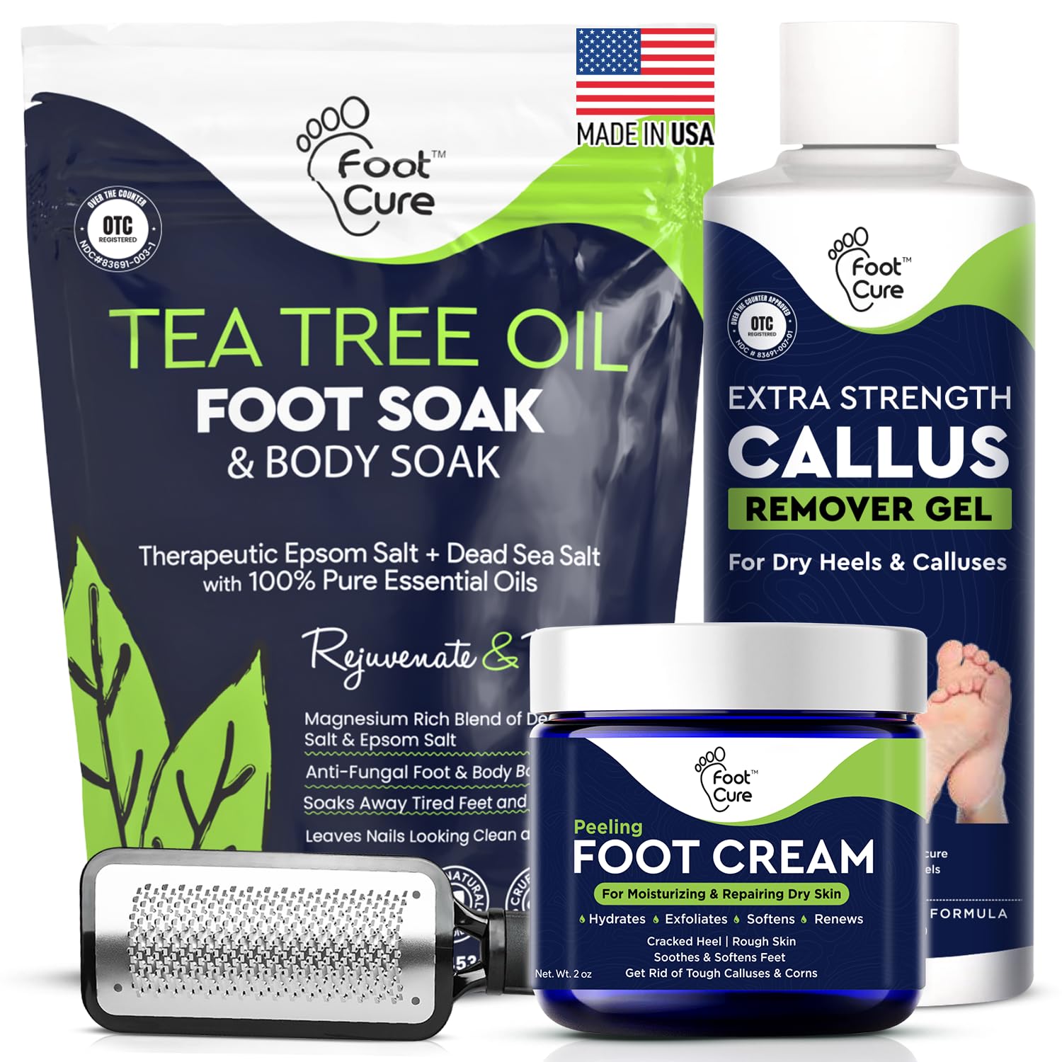 FOOT CURE Exfoliator & Callus Remover Pedicure Set – Care Kit Includes File for Dead Skin, Tea Tree Oil Soak Salts, Urea Cream 40 Percent Removal Gel Made in USA, 4 Piece