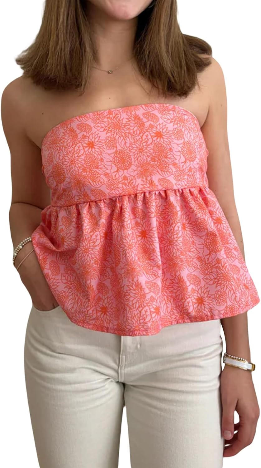 Women Y2k Tube Tops Strapless Floral Bandeau Vest Sexy Tie Up Sleeveless Backless Cute Tops Summer Grunge Clothes