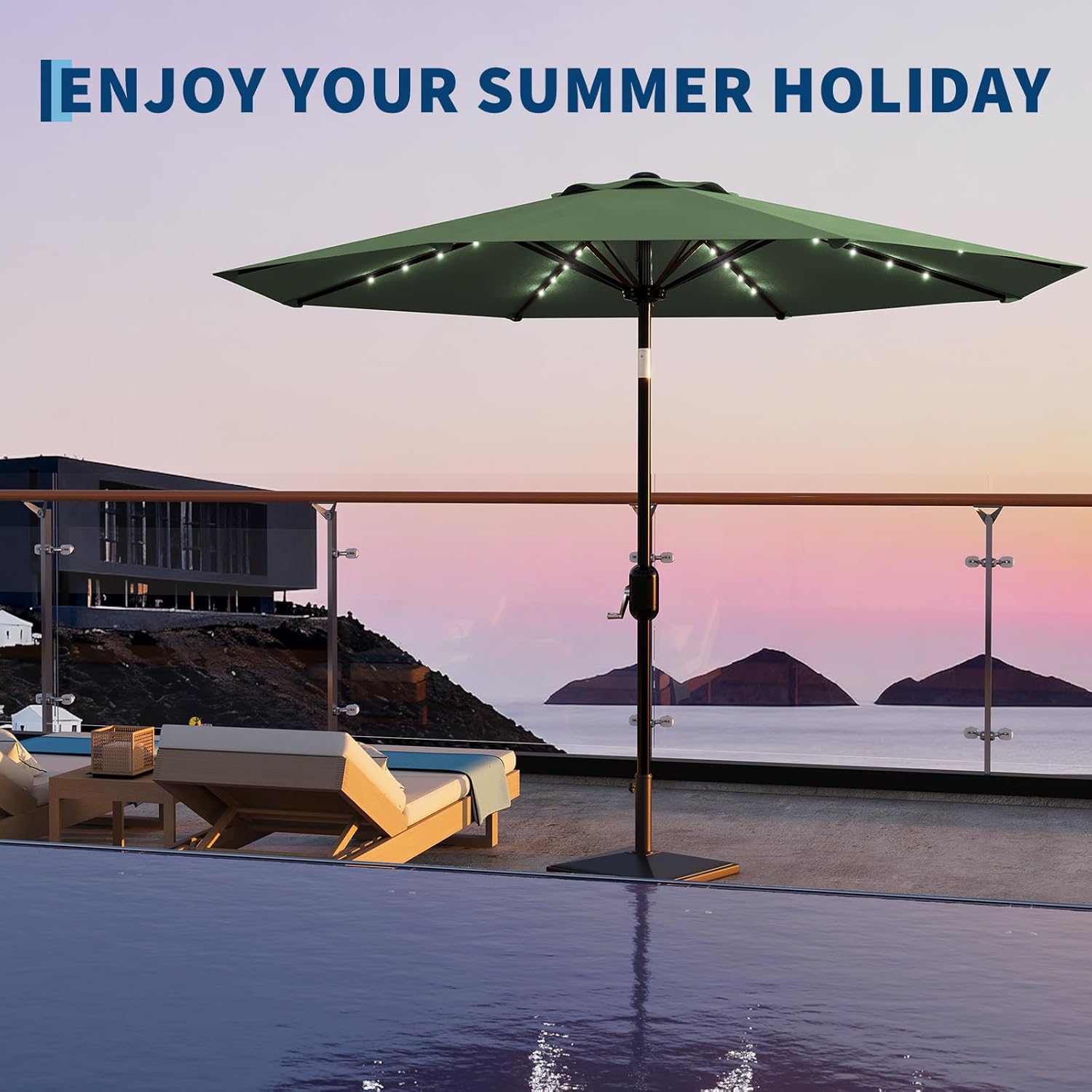 Patio Umbrella with Solar Lights, Outdoor Table Umbrella with 8 Durable Ribs, Tilt & Crank Mechanism, Waterproof & UV Protection for Garden, Backyard, Poolside (Dark Green, 10 FT)