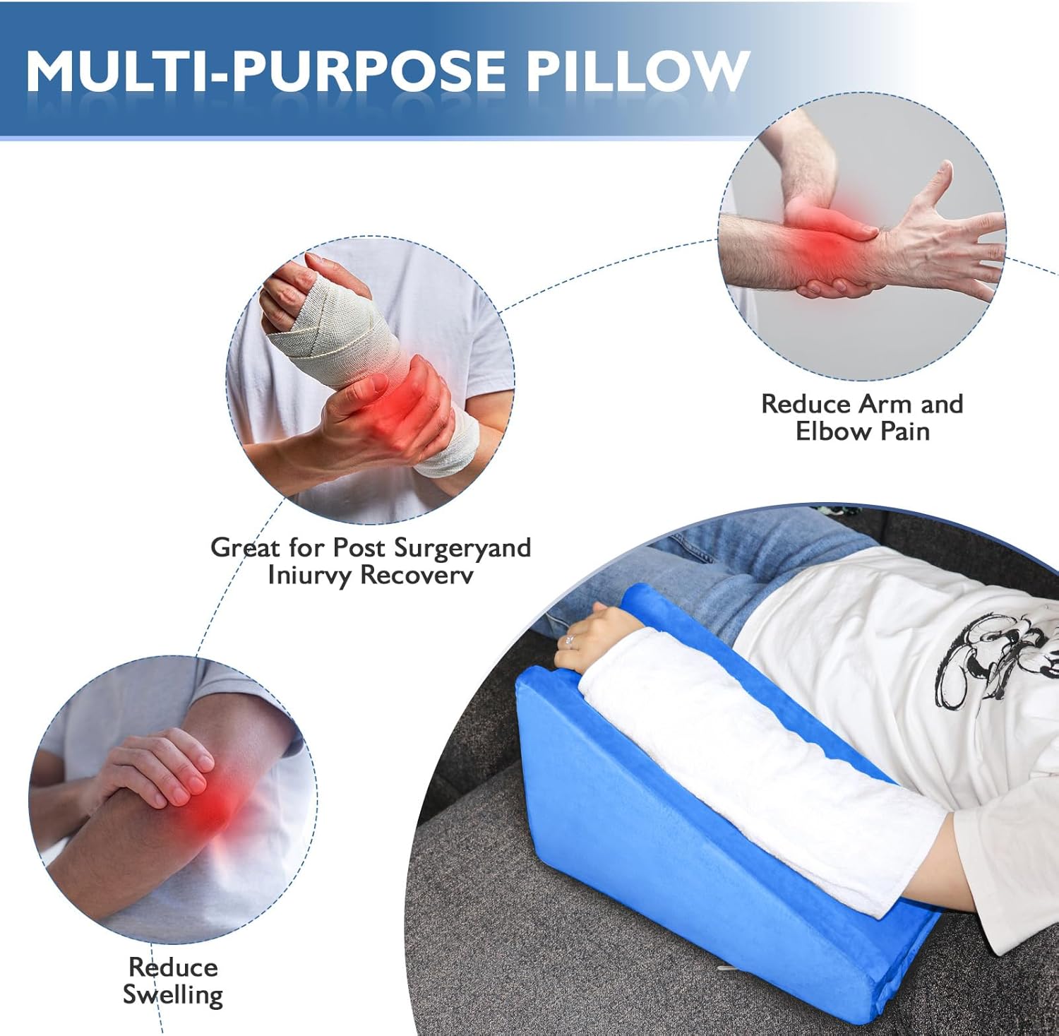 Arm Elevation Pillow, Arm Wedge Elevation Pillow Excellent, Ergonomic Elbow Support Pillow for Sleeping Arm Pads Elbow Pillow with Removable Pillow Case-Blue