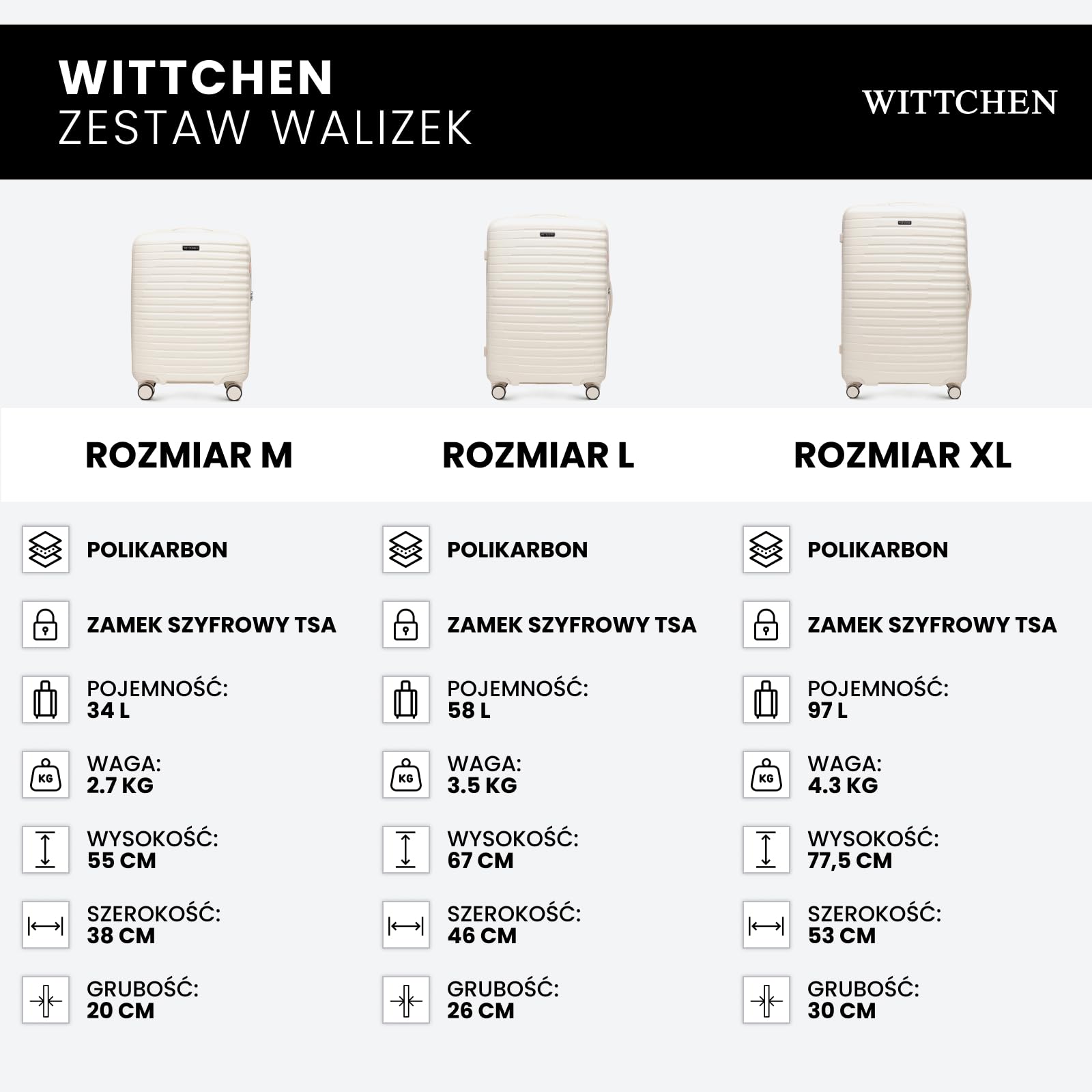 WITTCHEN Motion Line Zestaw walizek M L XL Twardy bagaż Polikarbon Zamek TSA Teleskopowa rączka 4 podwójne kółka 360° Kremowy