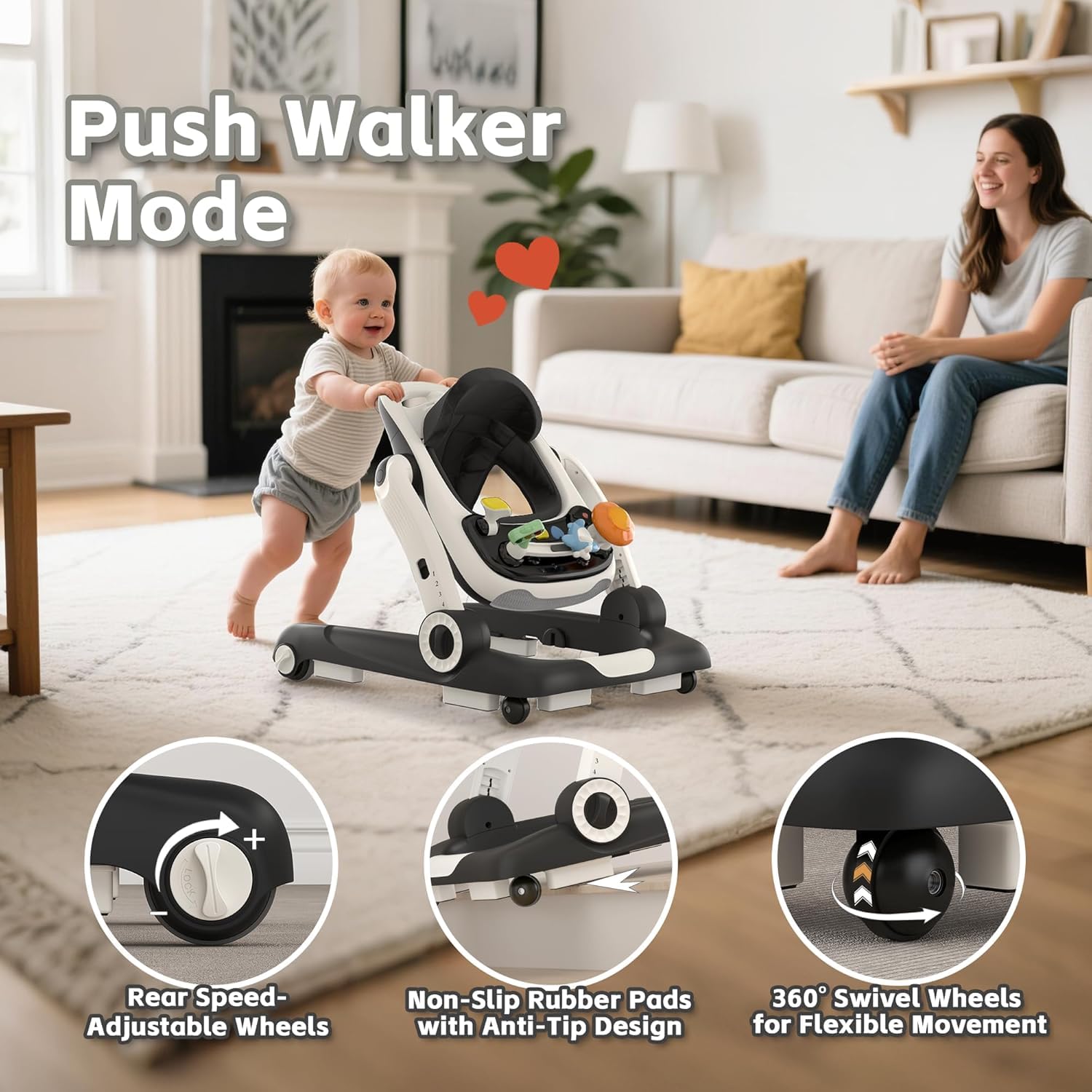 Baby Walker,4-Gear Height Adjustable Baby Walker with Wheels,5 in 1 Baby Activity Center,Music and Lights Bouncer Walker for Baby Boy 6-18 Months,Adjustable Speed Baby Push Walker