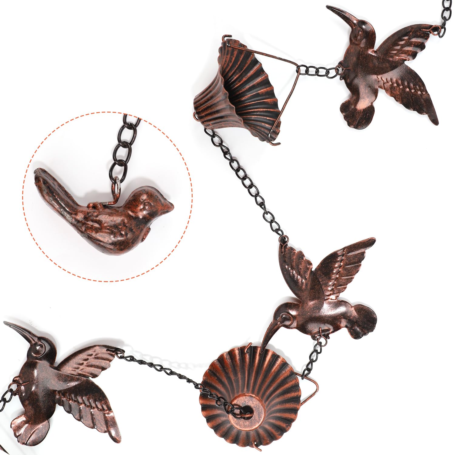 NQEUEPN Cadena Lluvia Pájaros, 2,6 m Cadena Lluvia Colibr Metal Cadena de Bajante Decorativa Campanilla Agua Lluvia CadenaCanalón Lluvia para Exteriores Decoración para Terrazas, Villas, Patios