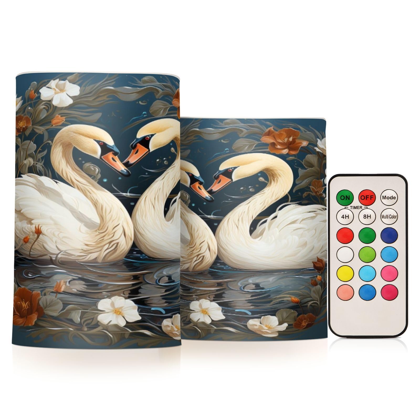 Mnsruu Flickering Flameless Candles Swan Floral Wreath LED Candles with Remote Timer Set of 2 Battery Operated Candle Home Decoration