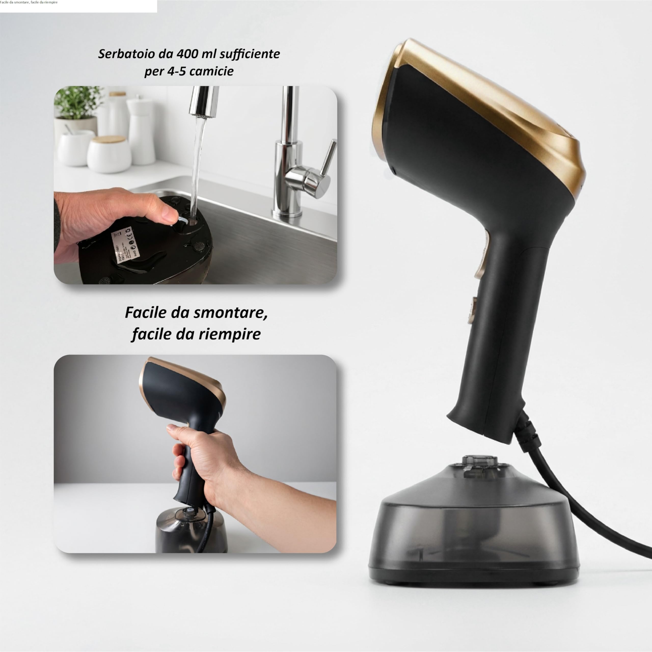 FAUG Stiratore a vapore verticale 1500W. Aumenta l’efficienza del 50% grazie alla nuova funzione di aspirazione. Flusso di vapore da 15 a 21 g/min e piastra in teflon per capi senza pieghe.