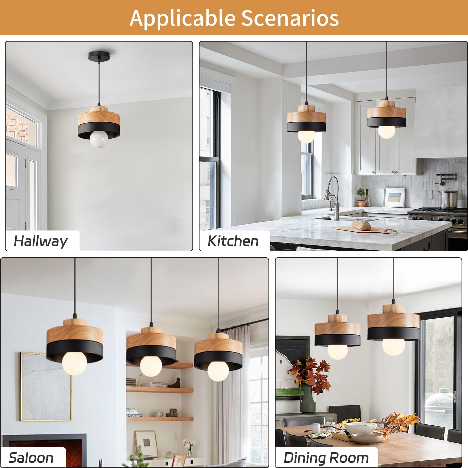 Suspension Luminaire Bois Ronde Rétro Plafonnier Design Vintage E27 Eclairage Intérieur Lumières Lustre Abat-jour Métal Moderne Lampe Suspension Art pour Salon Chambre Cuisine (Noir)