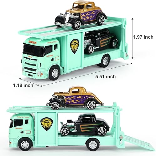 Miniatura 4 de haomsj Camión de juguete para niños, 9 piezas, camión de remolque y vehículo de transporte urbano, camión de transporte con autos de carreras de
