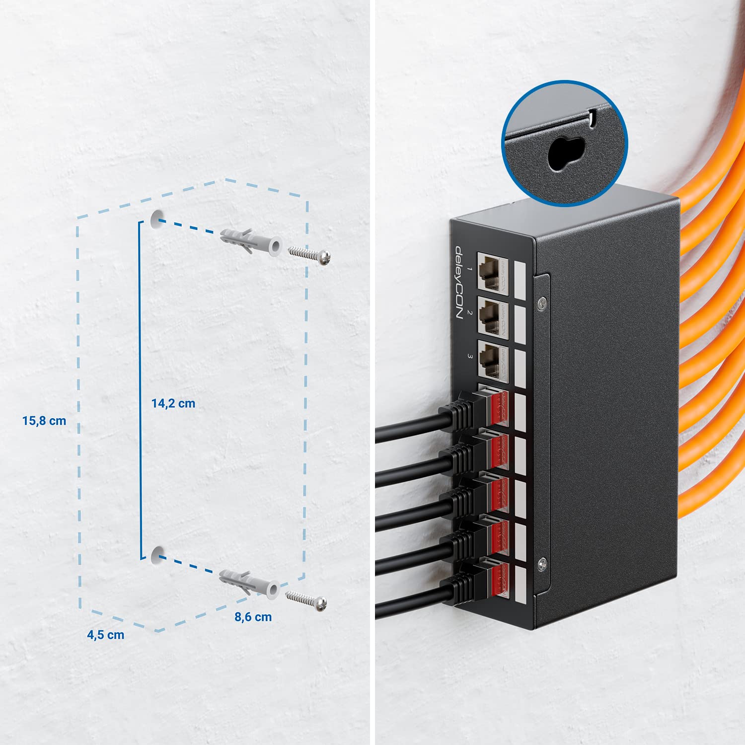 deleyCON Boîtier de Brassage 8 Ports 1U pour Module Keystone 14,9 mm x 17 mm avec p.ex. Prise RJ45 Prise Coaxiale BNC Prise F Prise d'Antenne RJ-11 Cinch Jack USB Toslink PS2 HDMI - Noir