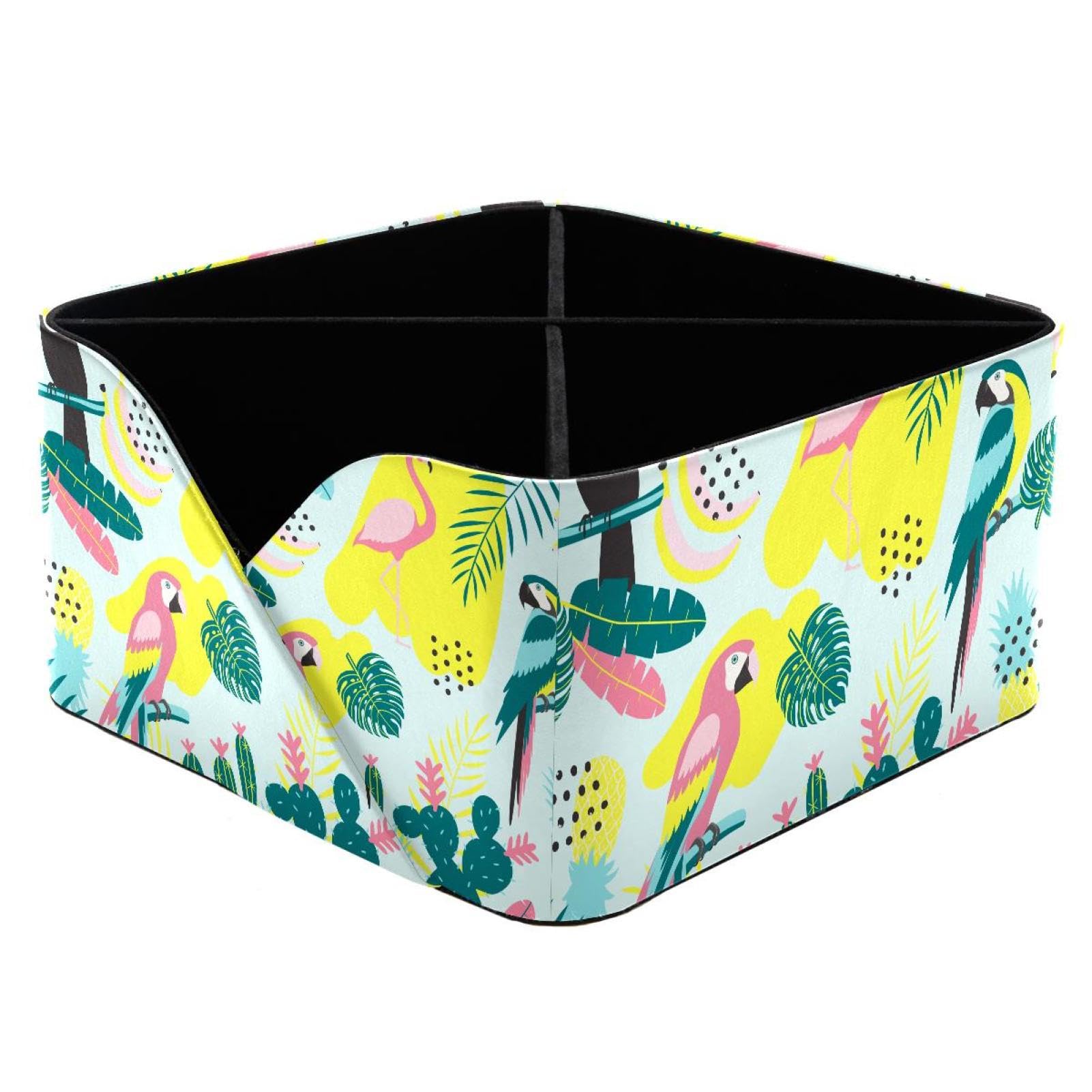 KengjuTesu Tropical Toucan Flamingos Parrot Cactuses Exotic Leaves Desktop Organizer Pen Holder, Rectangular Pencil Cup for Office, Study and Makeup Stations