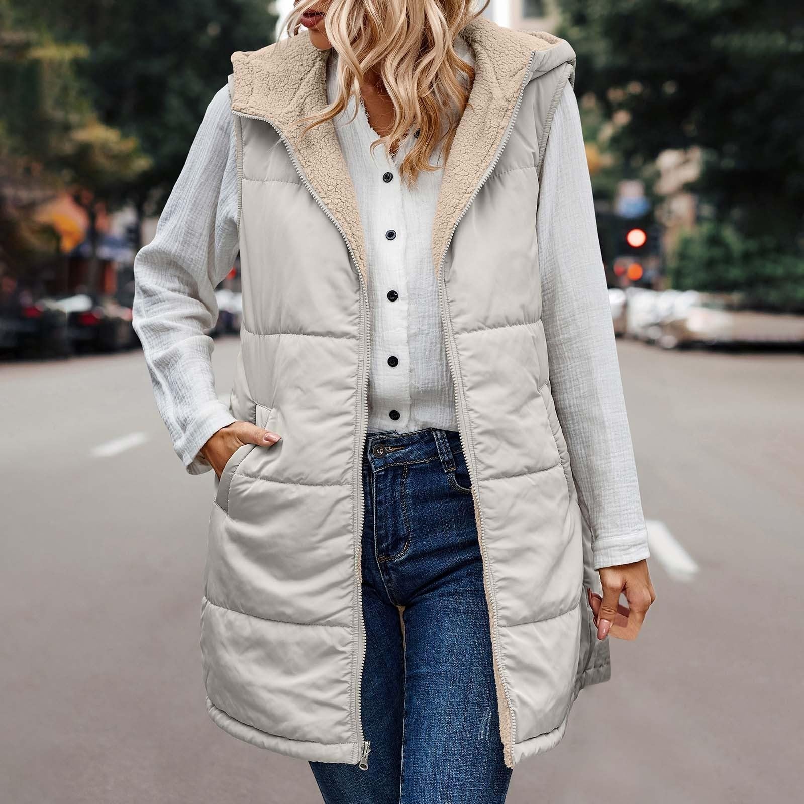 Gilet Réversible À Capuche Sans Manches Pour Veste Doublée En Polaire Avec Poches Fermeture Éclair Complète Vêtements D'extérieur Mode D'hiver Veste Réversible Sans Manches