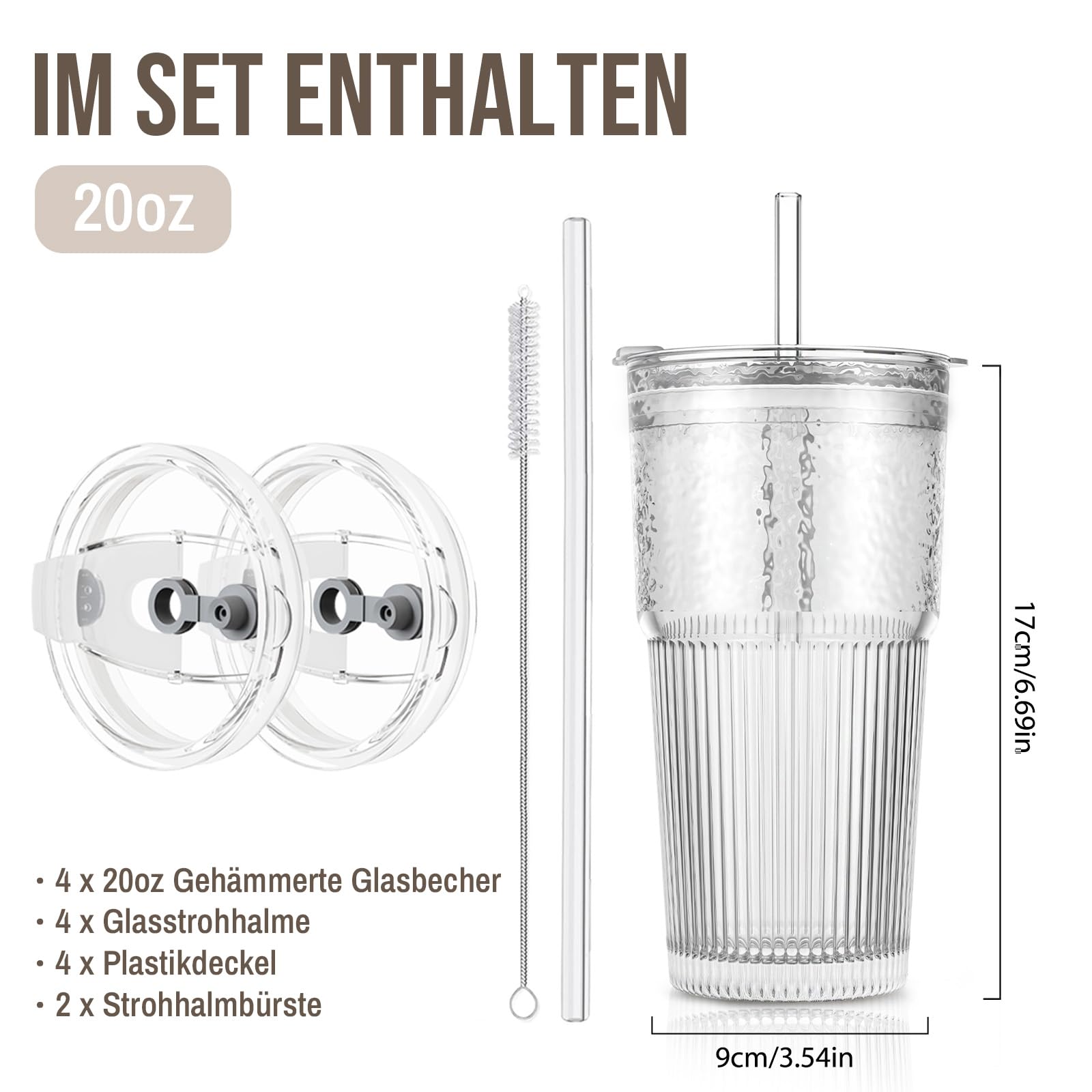 SoulTimes 600 ml Glasbecher mit Deckel und Glasstrohhalm, 4 Stück  – Stilvolle gerippte Trinkgläser für Iced Coffee, Saft… – Ansicht 3