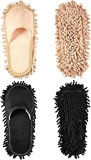 2 Pairs Microfiber Cleaning Mop Slippers (Black, Beige)