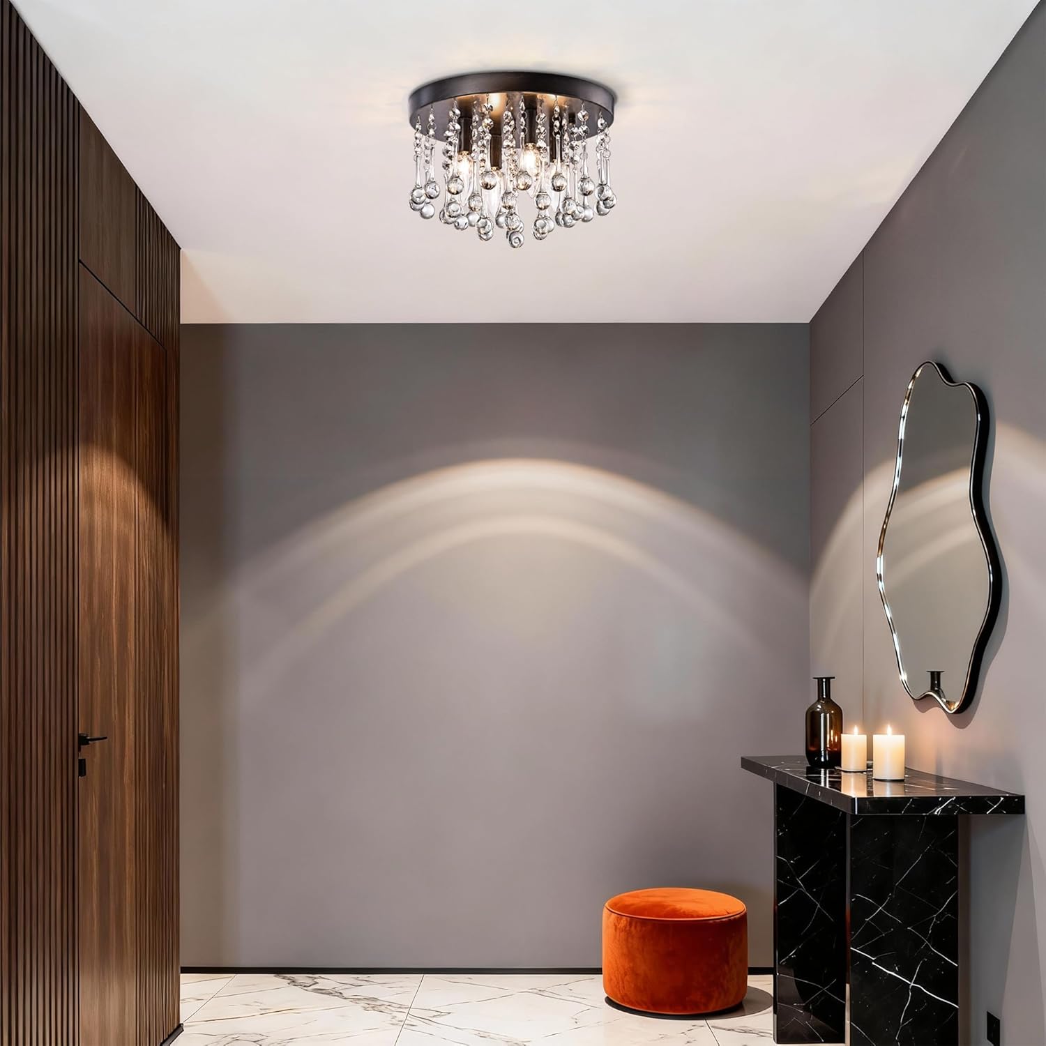 Maxax 12" Black Crystal Ceiling Light Fixture, 4 Lights Modern Farmhouse Flush Mount Chandelier, Cascading Crystal Bead Strands, Vintage Scratch Design, for Hallway Entryway Dining Room Kitchen