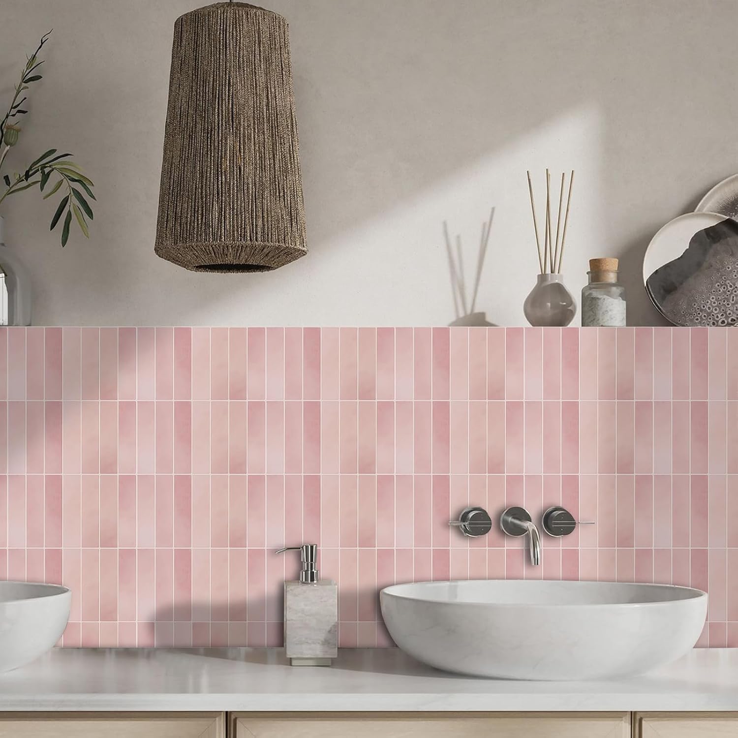 Muted Pink Peel and Stick Backsplash Tiles, 10-Sheet Spanish Handmade Glossy Tile for Kitchen, Self Adhesive Wall Tile with Thin & Lightweight Design (12" × 12",10 sq.ft)