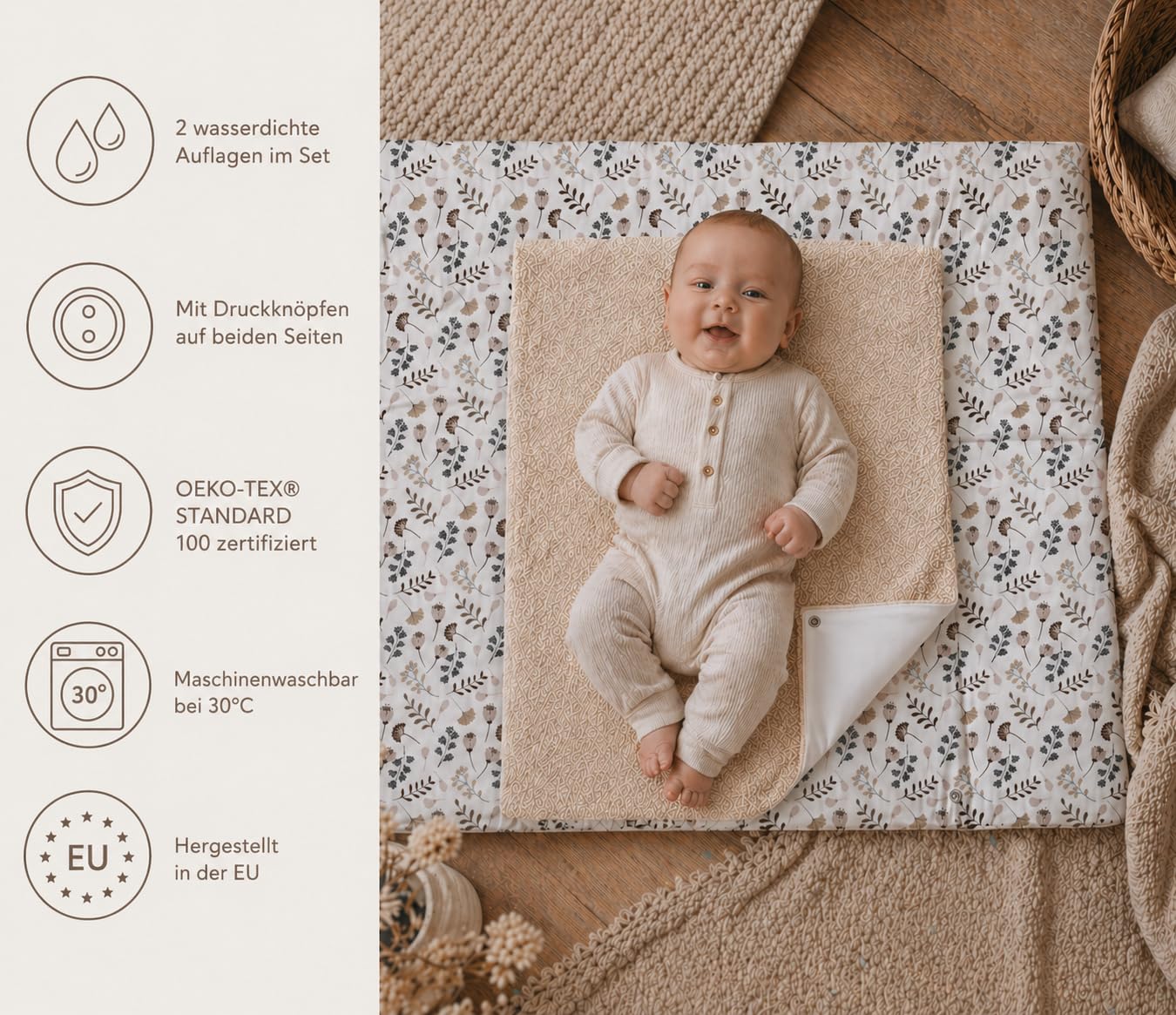 Wickelauflage mit 2 wasserfesten Frotteebezügen – 3-teiliges Set mit Druckknöpfen – Baby Wickelunterlage - Wickeltischauflage aus Baumwolle – 75x70 cm (Breite x Tiefe), Zweige