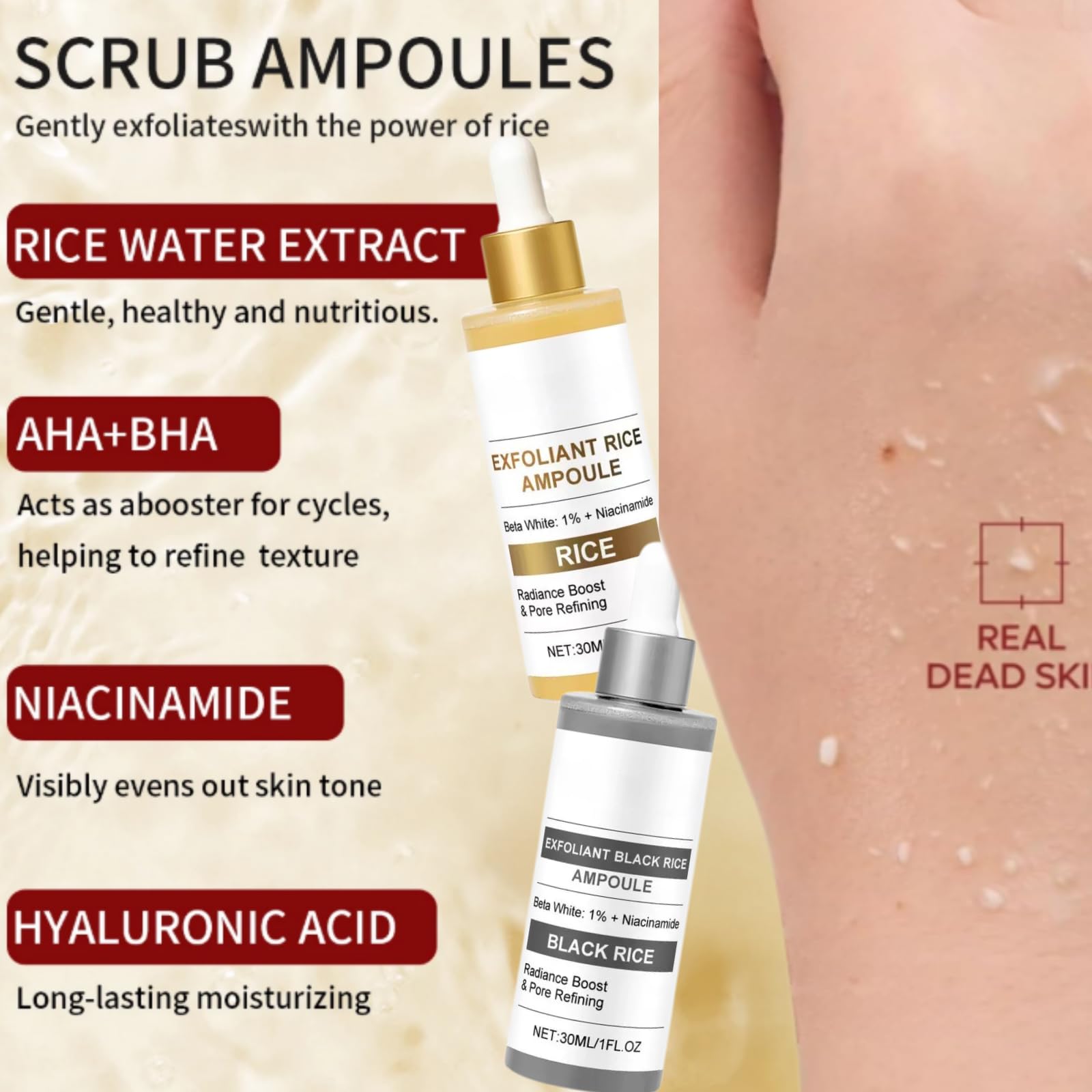 Peel Shot,Rice Ampoule Duo,White & Black Rice Face Exfoliator,Gentle Face & Body Scrub for Dead Skin Blackheads - Image 2