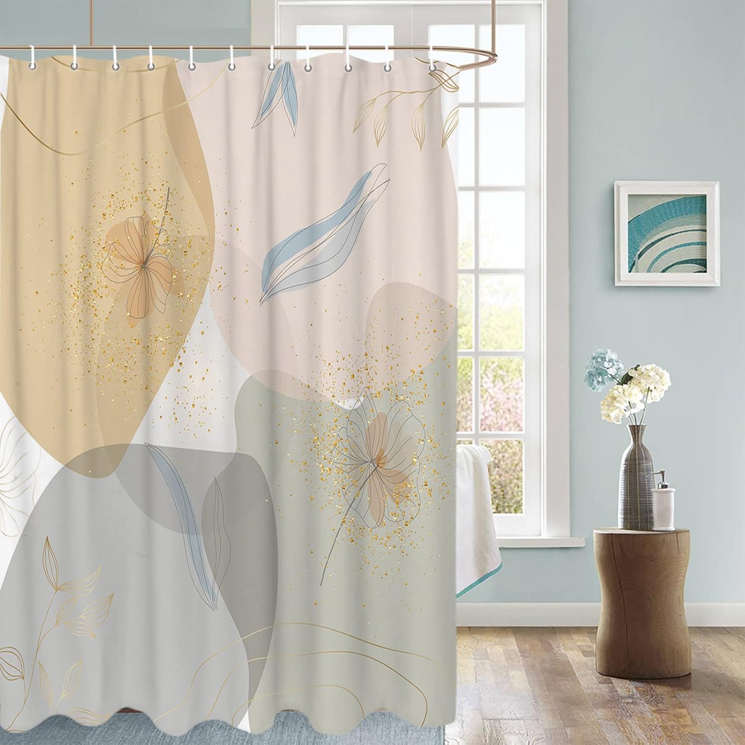 QueenKer Abstract Mid Century Shower Curtain,Boho Gradient Flower Floral Leaf Waterproof Fabric Shower Curtain Set with 12 Hooks Bathroom Curtains for Girls Home Hotel Holiday Decor, 72" W x 72" L