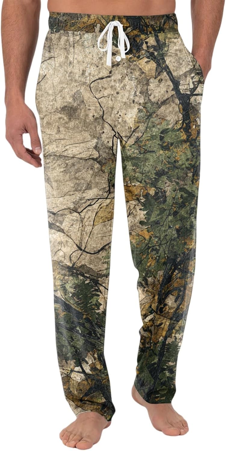 WENKOMG1 Men's Pj Bottoms, Camo Print Lounge Sleep Pants with Pockets and Button Fly Soft Sleepwear Pants, M-3XL