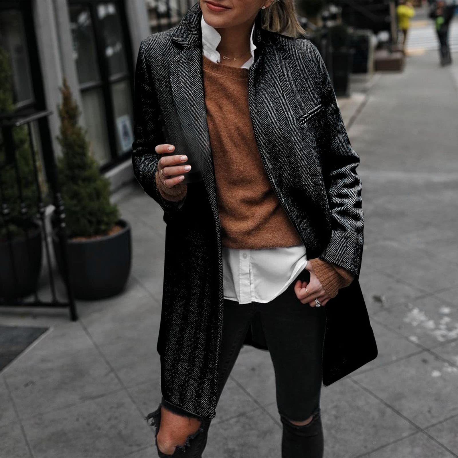 Trench - Cappotto lungo da donna, per le mezze stagioni, antivento, lungo, giacca invernale, con colletto a risvolto, cardigan invernale, giacca per le mezze stagioni, giacca aperta sul davanti