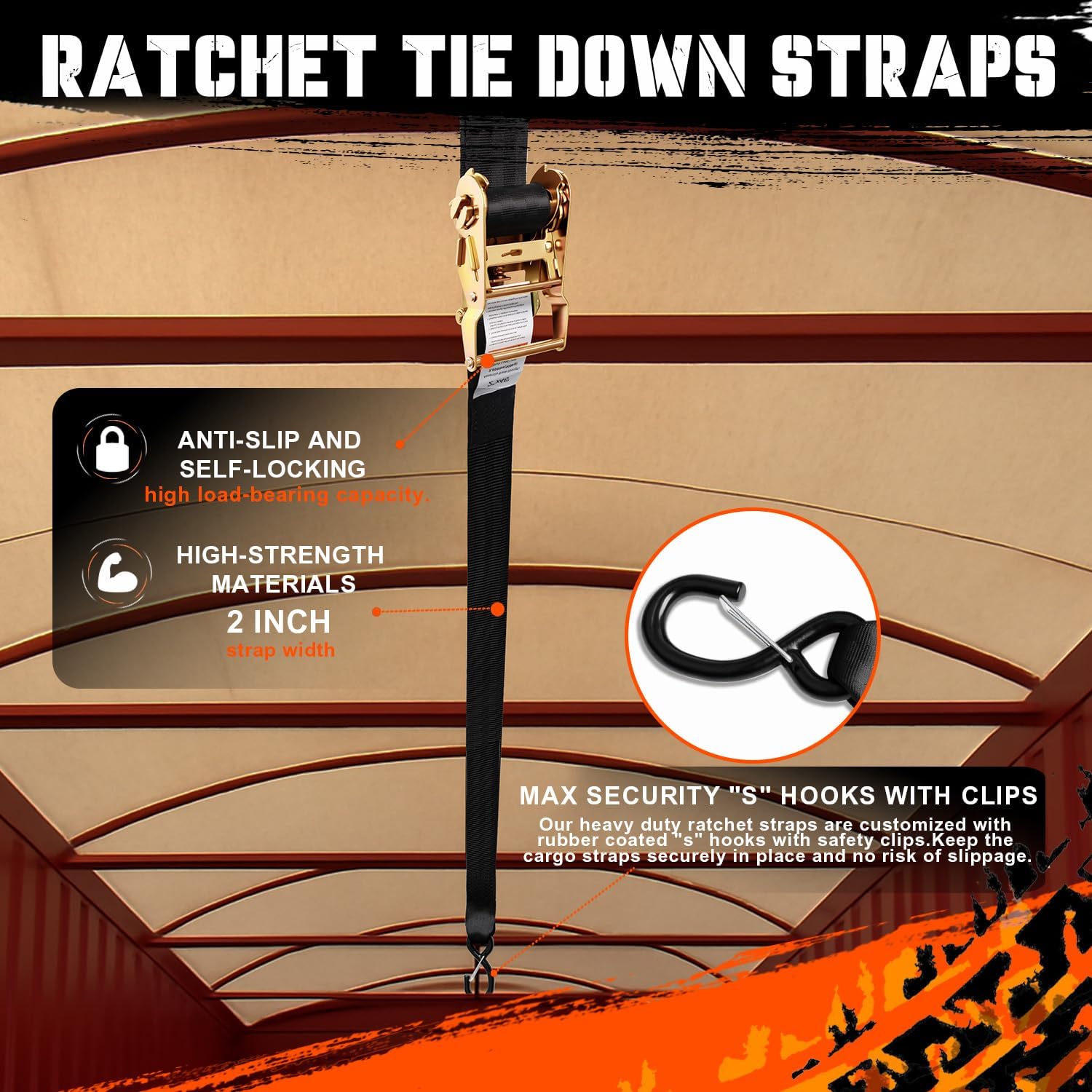2" x46' Heavy Duty Ratchet Straps S Hooks 1000LBS for Trailers Trucks ATV UTV