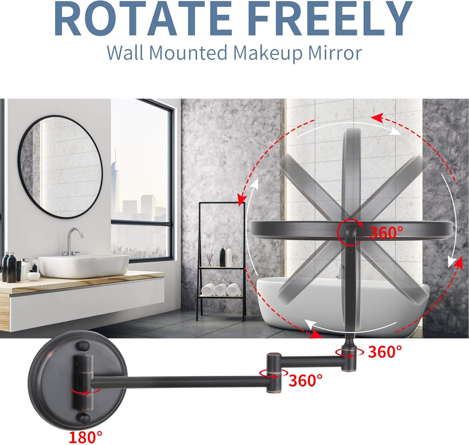 DOWRY Wall Mounted Magnifying Makeup Mirror with 10x Magnification, Oil Rubbed Bronze, 8 Inch Double-Sided Swivel Makeup Mirror Wall, 12 Inch Extension