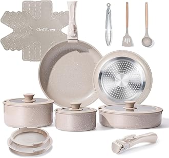 Chef Power Ceramic Nonstick Pots and Pans Set 19 Piece with Detachable Handle, Induction Dishwasher Oven Safe Cookware Set, RV Kicthen Set Removable Handle, Mocca Taupe